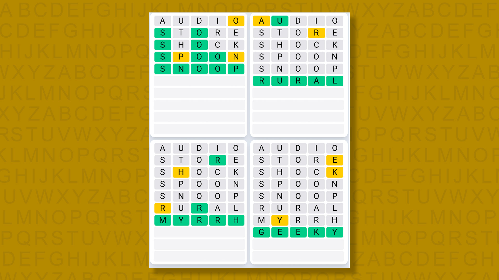 Quordle Daily Sequence answers for game 1354 on yellow background