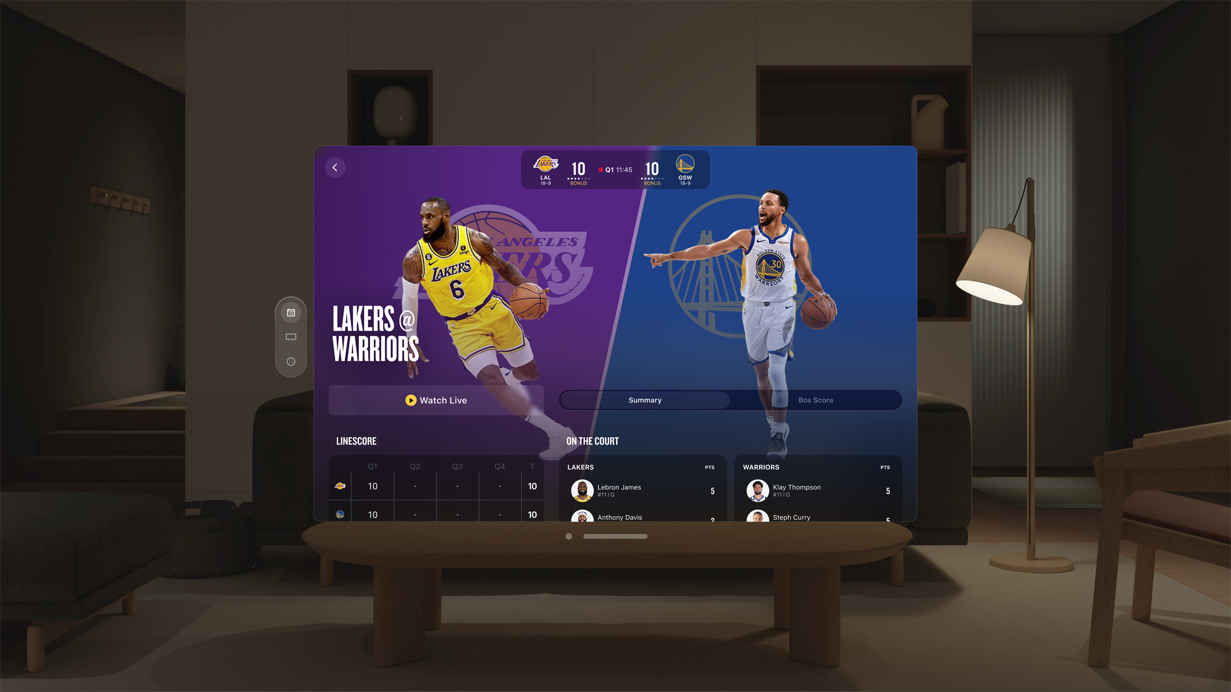 The NBA application on Vision Pro