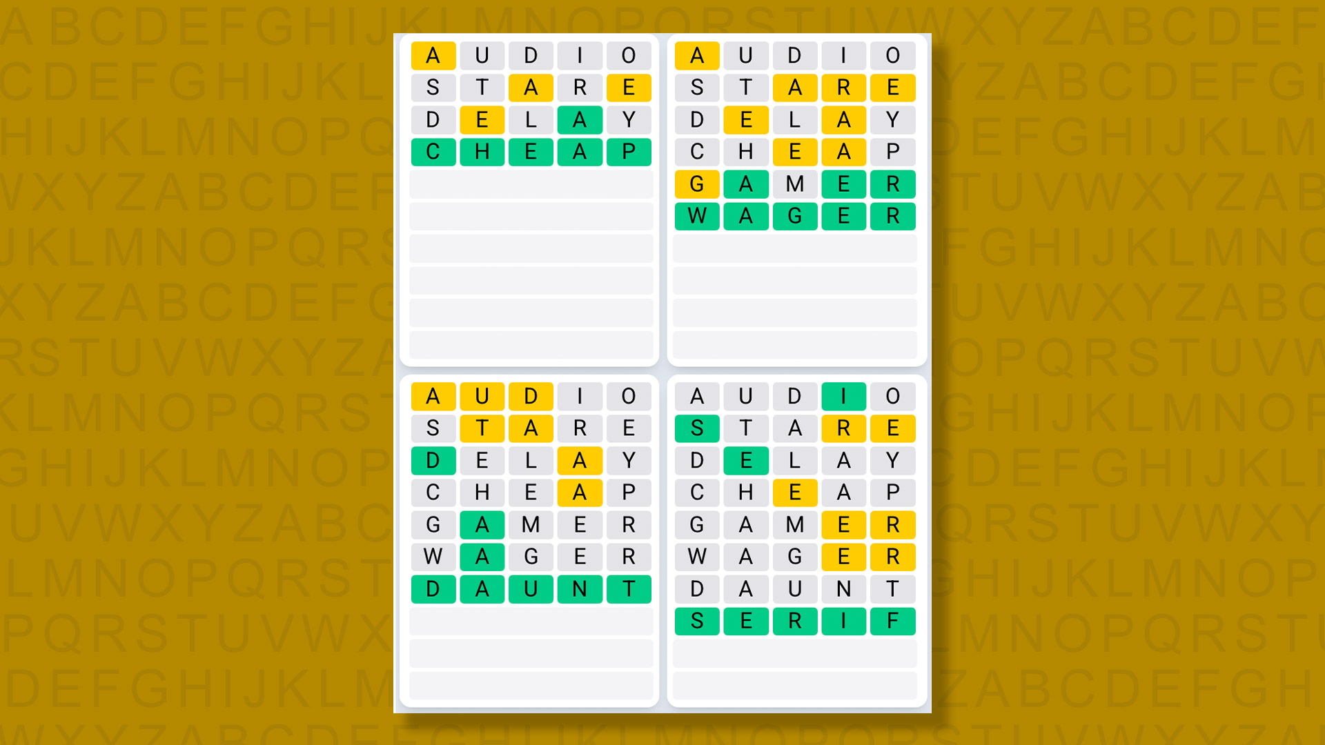 Quordle Daily Sequence answers for game 1355 on yellow background