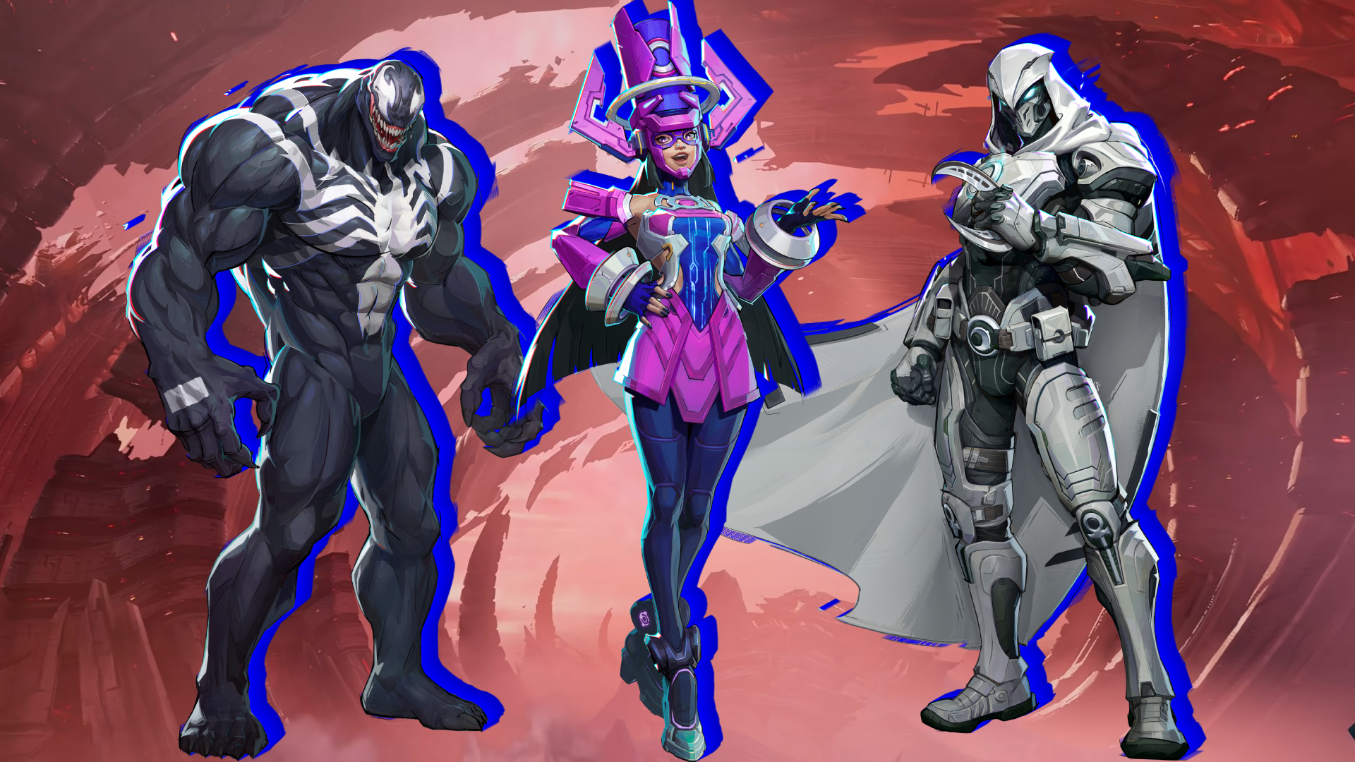 Venom, Galacta and Moon Knight pose side by side