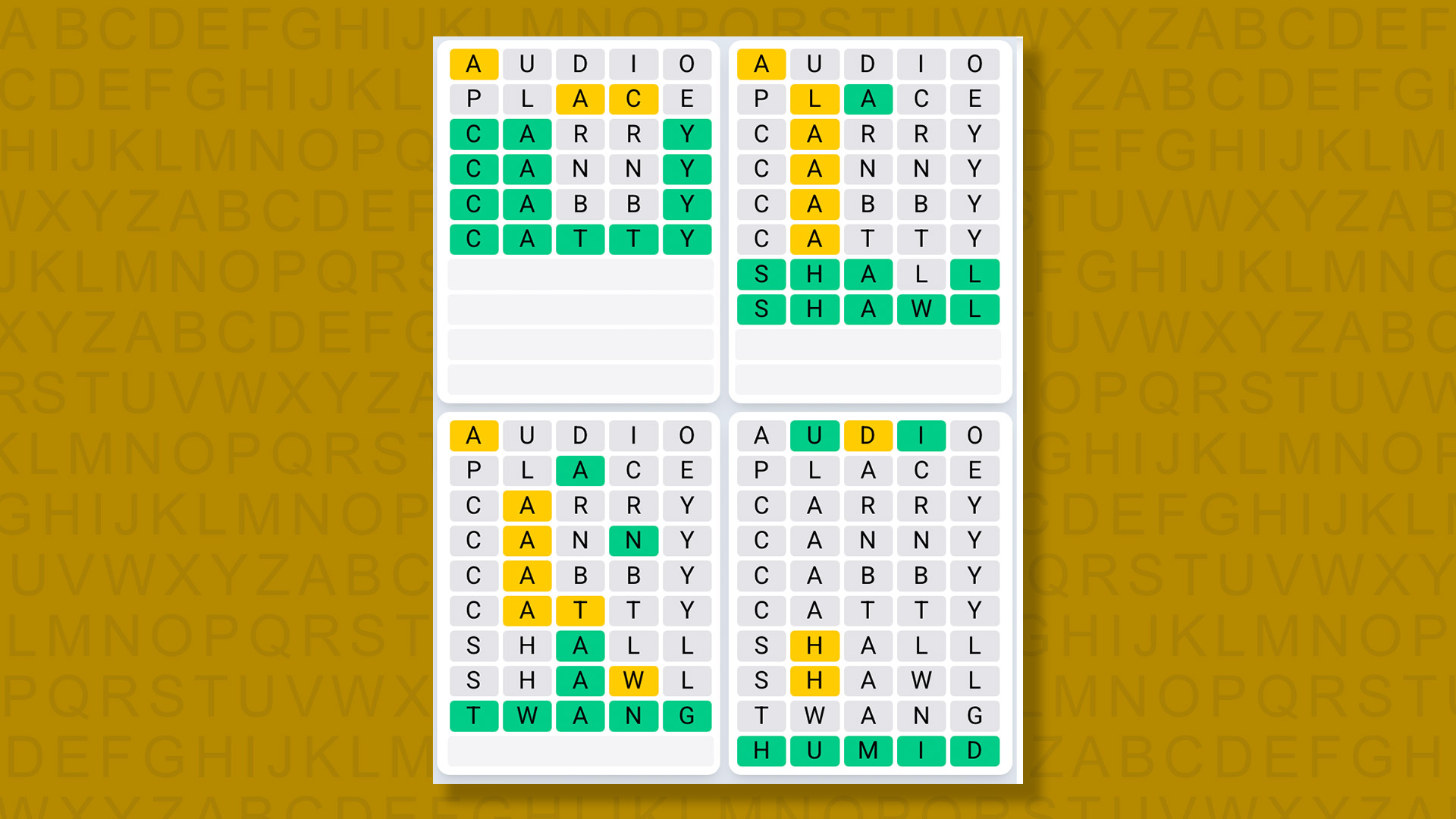 Quordle Daily Sequence answers for game 1356 on yellow background