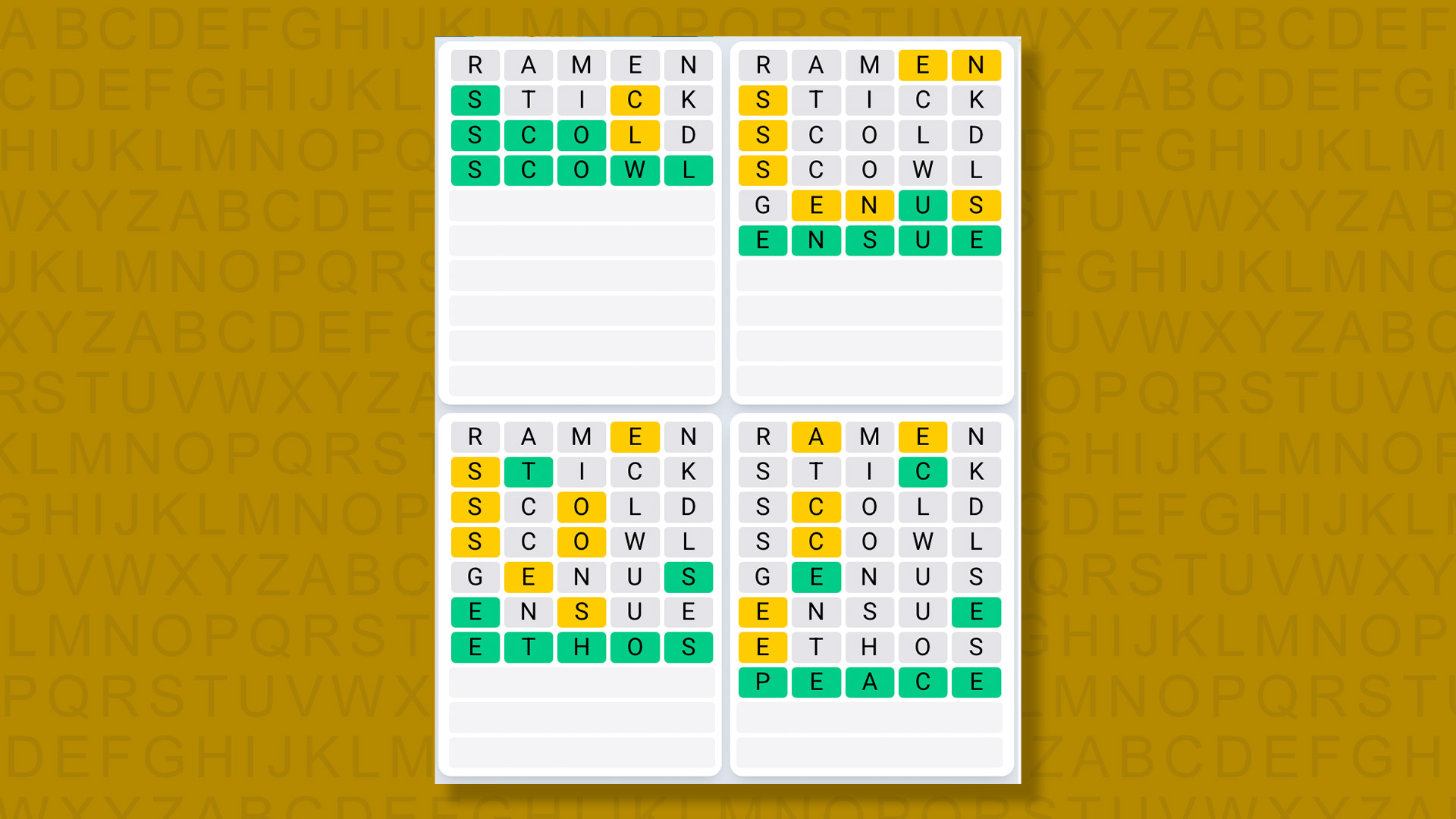 Quordle Daily Sequence answers for game 1358 on yellow background