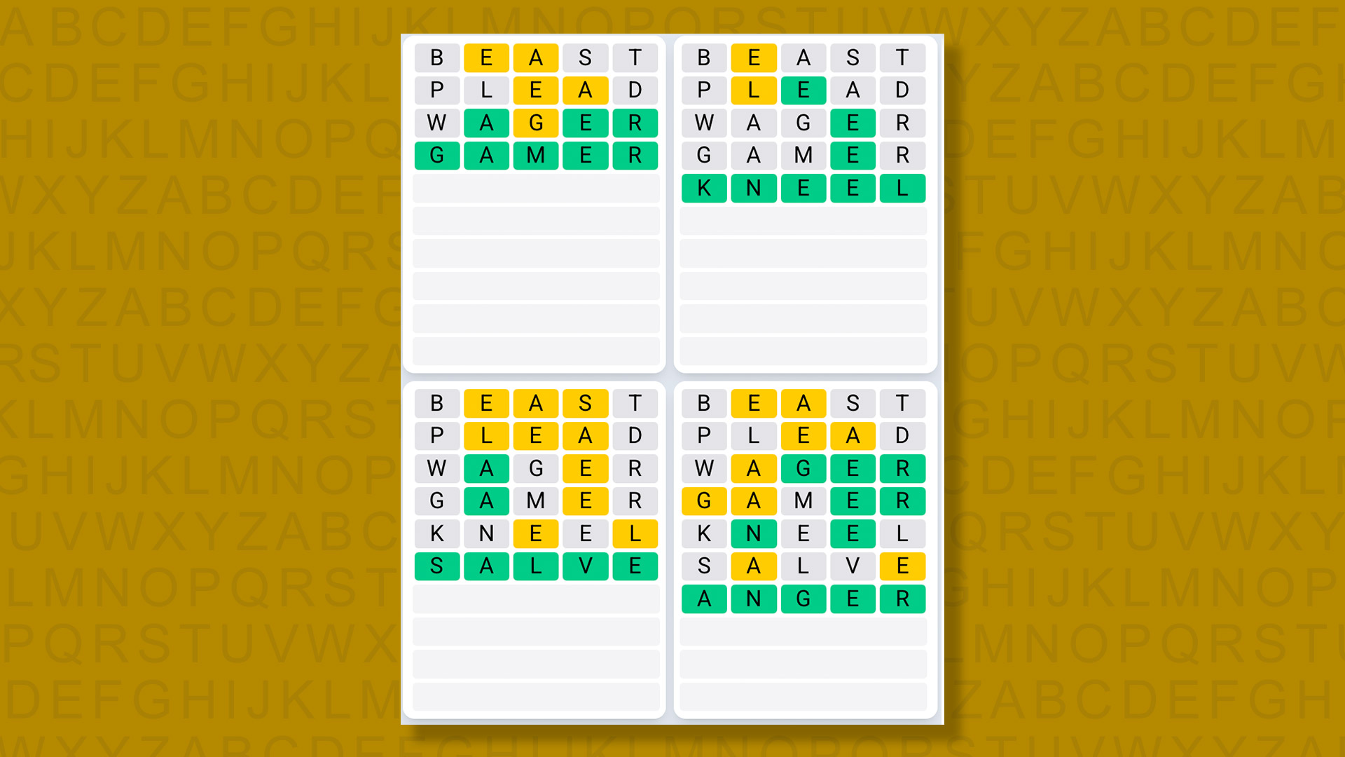 Quordle Daily Sequence answers for game 1360 on yellow background