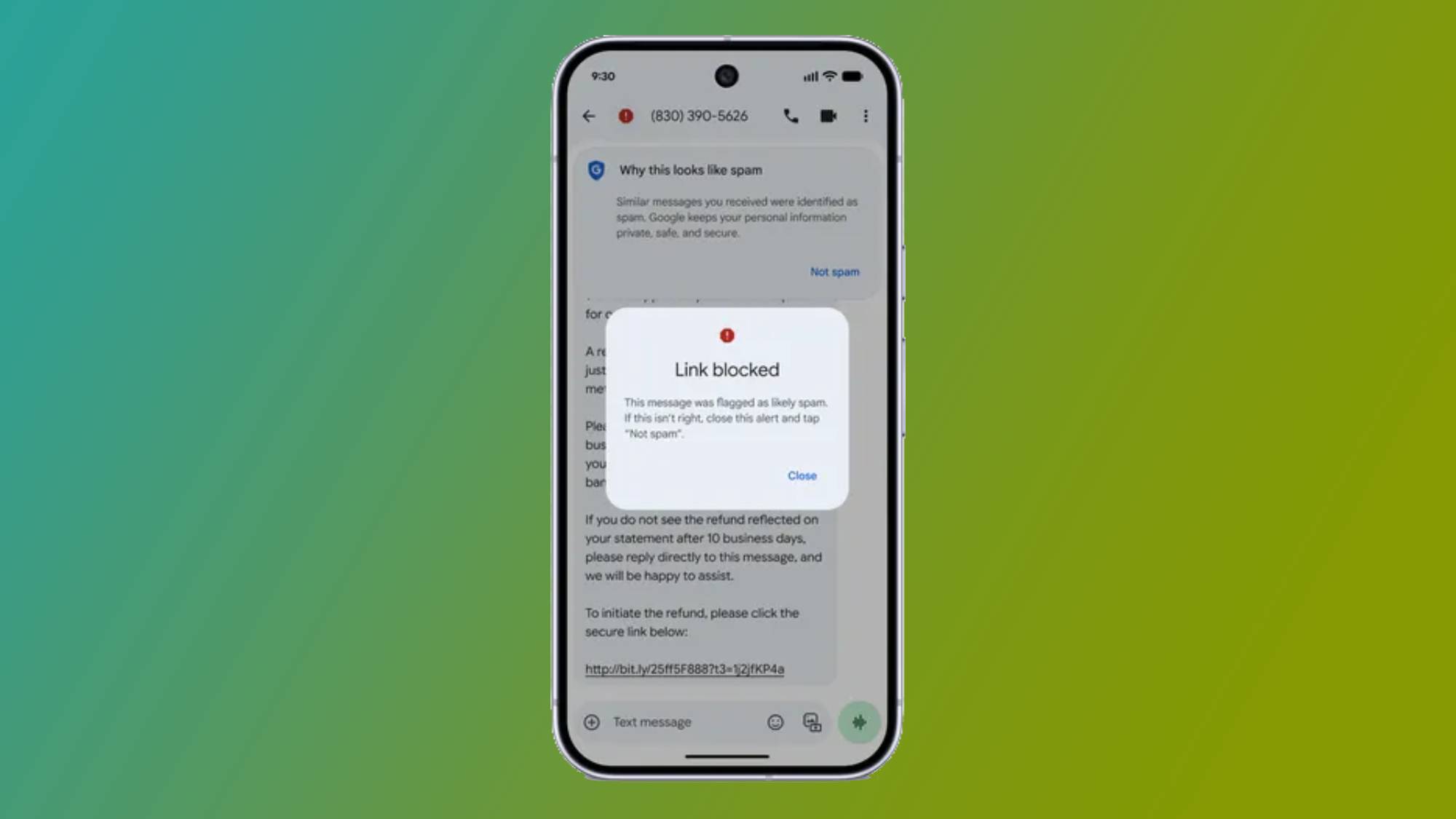 iPhone showing scam alert in Google Messages app