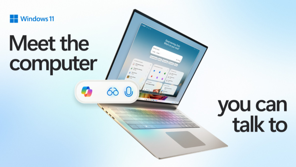 Windows 11: “Discover the computer you can talk to” showing a laptop running the Copilot app
