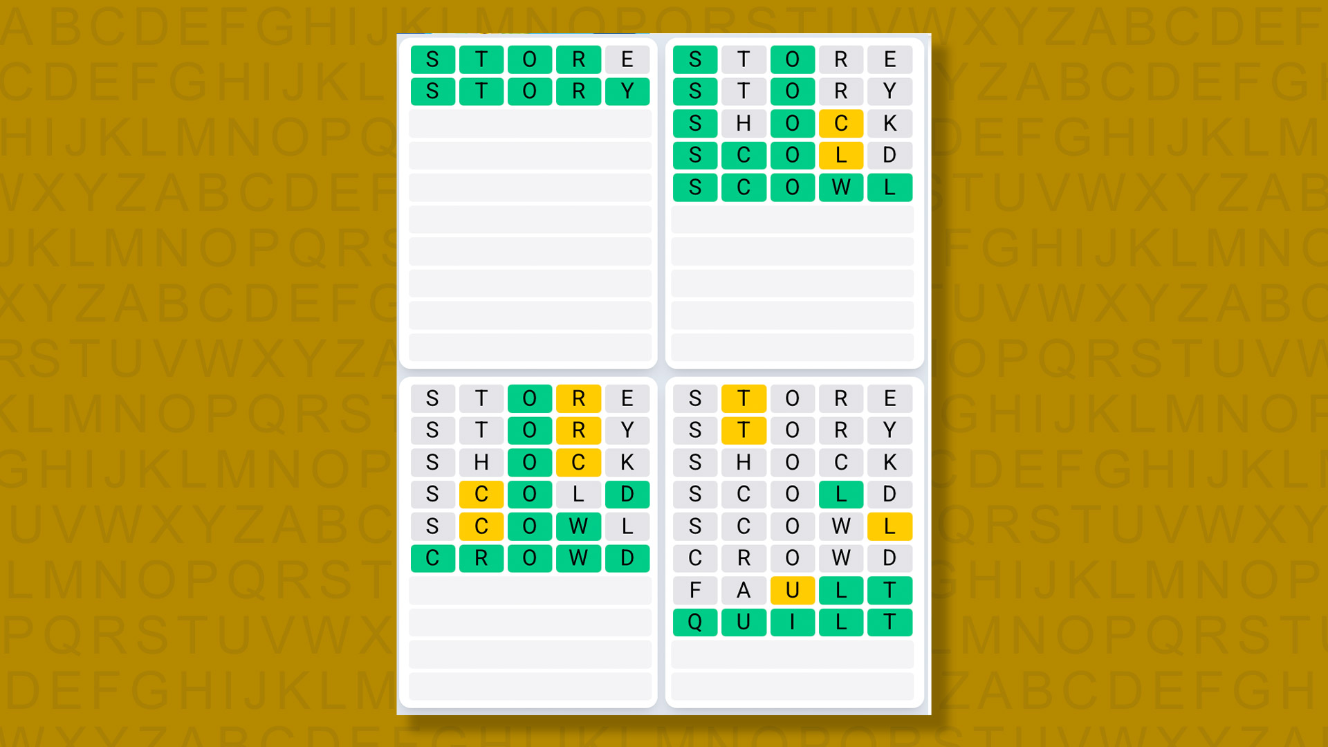 Quordle Daily Sequence answers for game 1364 on yellow background