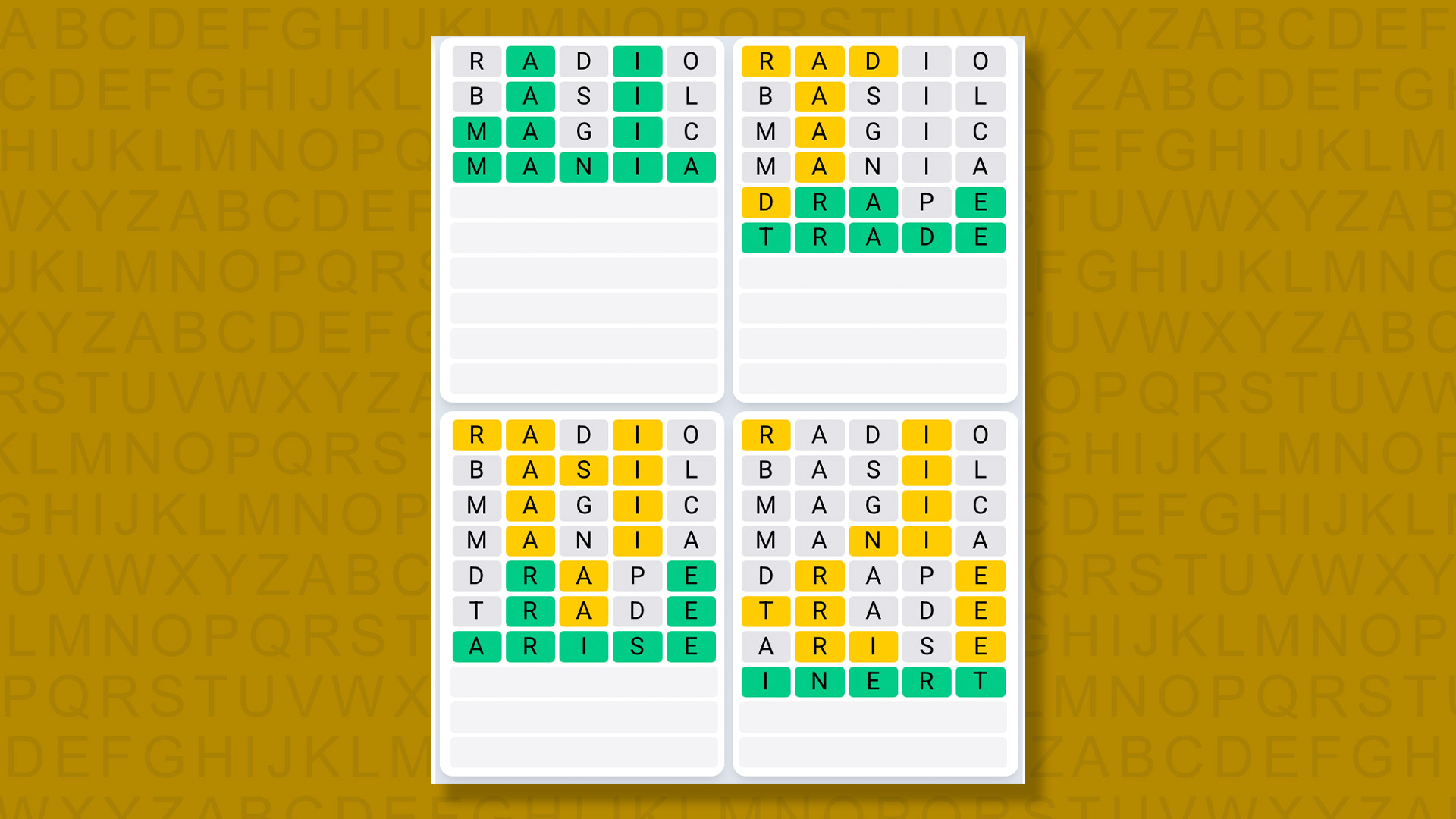 Quordle Daily Sequence answers for game 1365 on yellow background