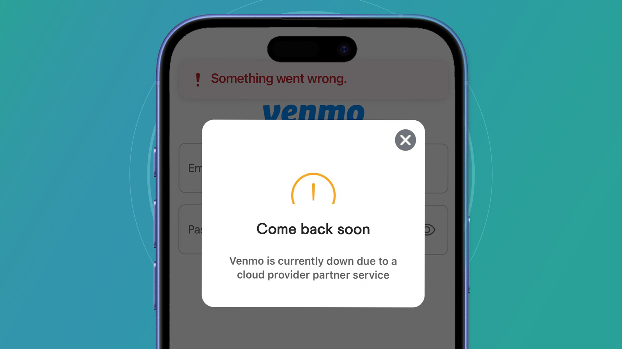 A phone on a green and blue background displaying an error message from the Venmo application