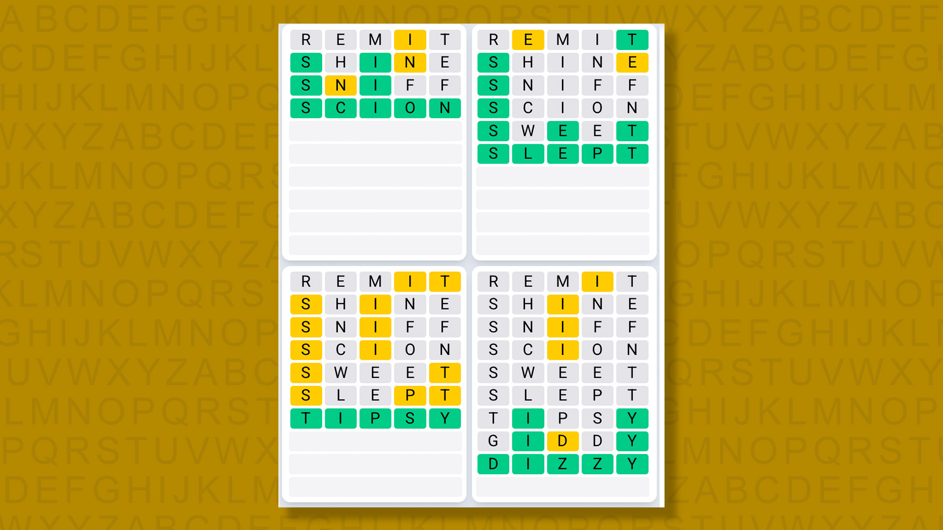 Quordle Daily Sequence answers for game 1367 on yellow background