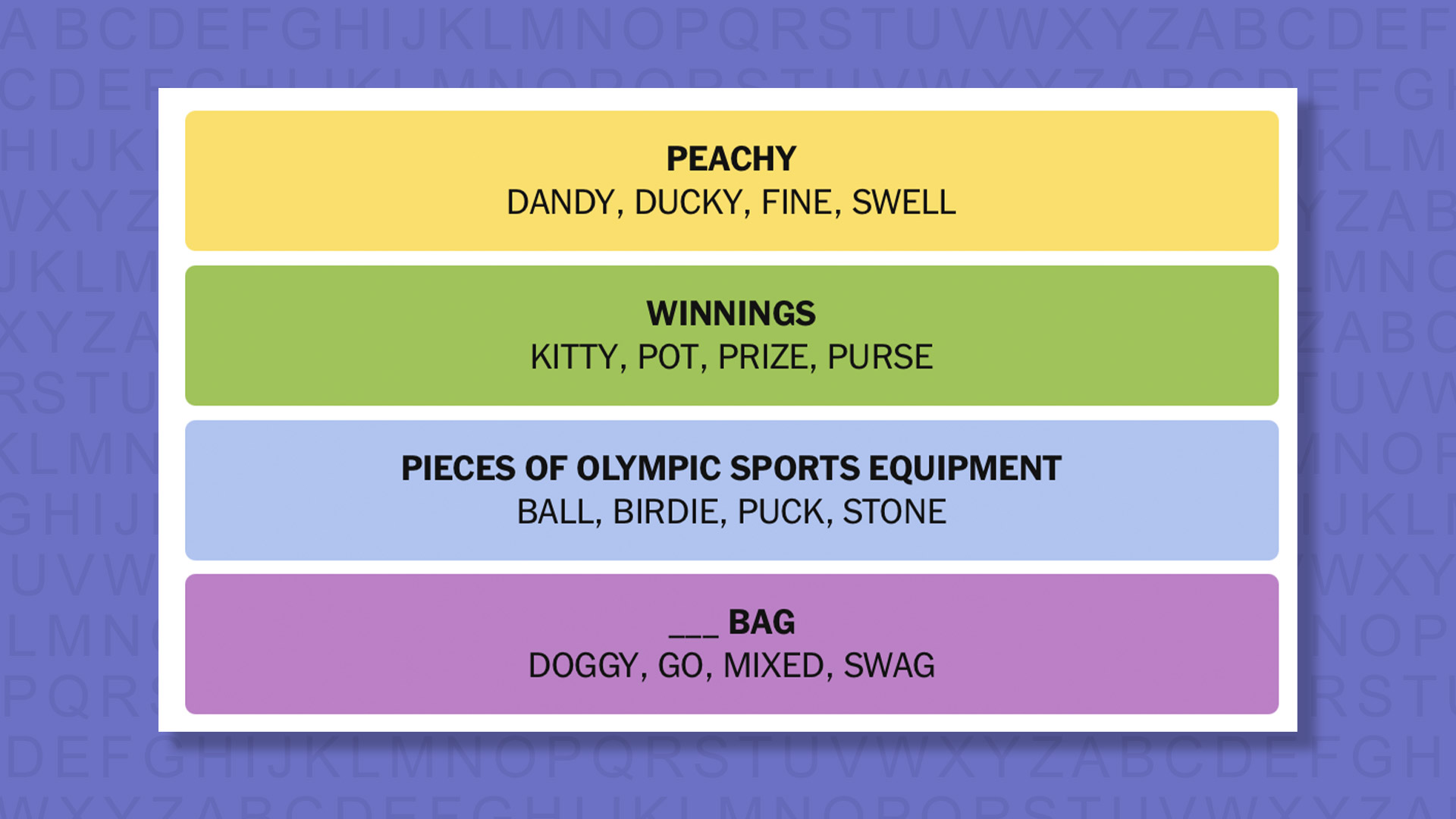 NYT Connections answers for game 865 on purple background