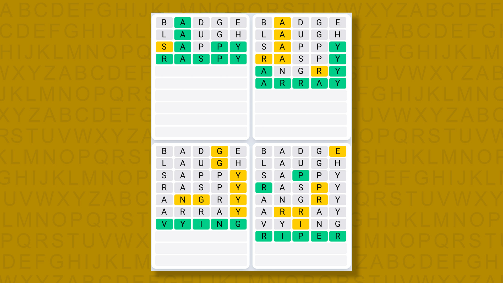 Quordle Daily Sequence answers for game 1368 on yellow background