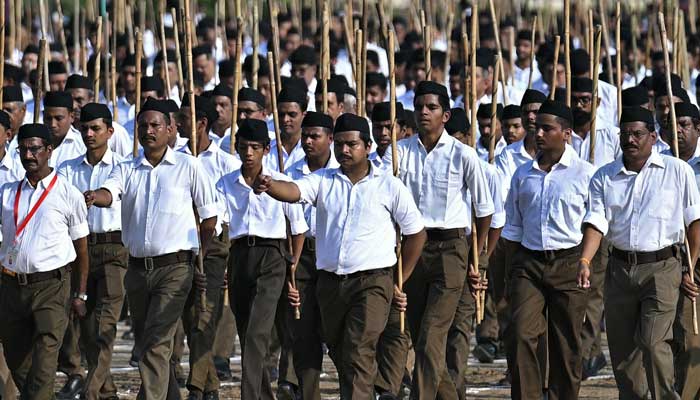 Volunteers of the Rashtriya Swayamsevak Sangh (RSS) take part in the centenary celebrations of the Hindu nationalist organization at Reshimbagh Ground in Nagpur, October 2, 2025. — AFP