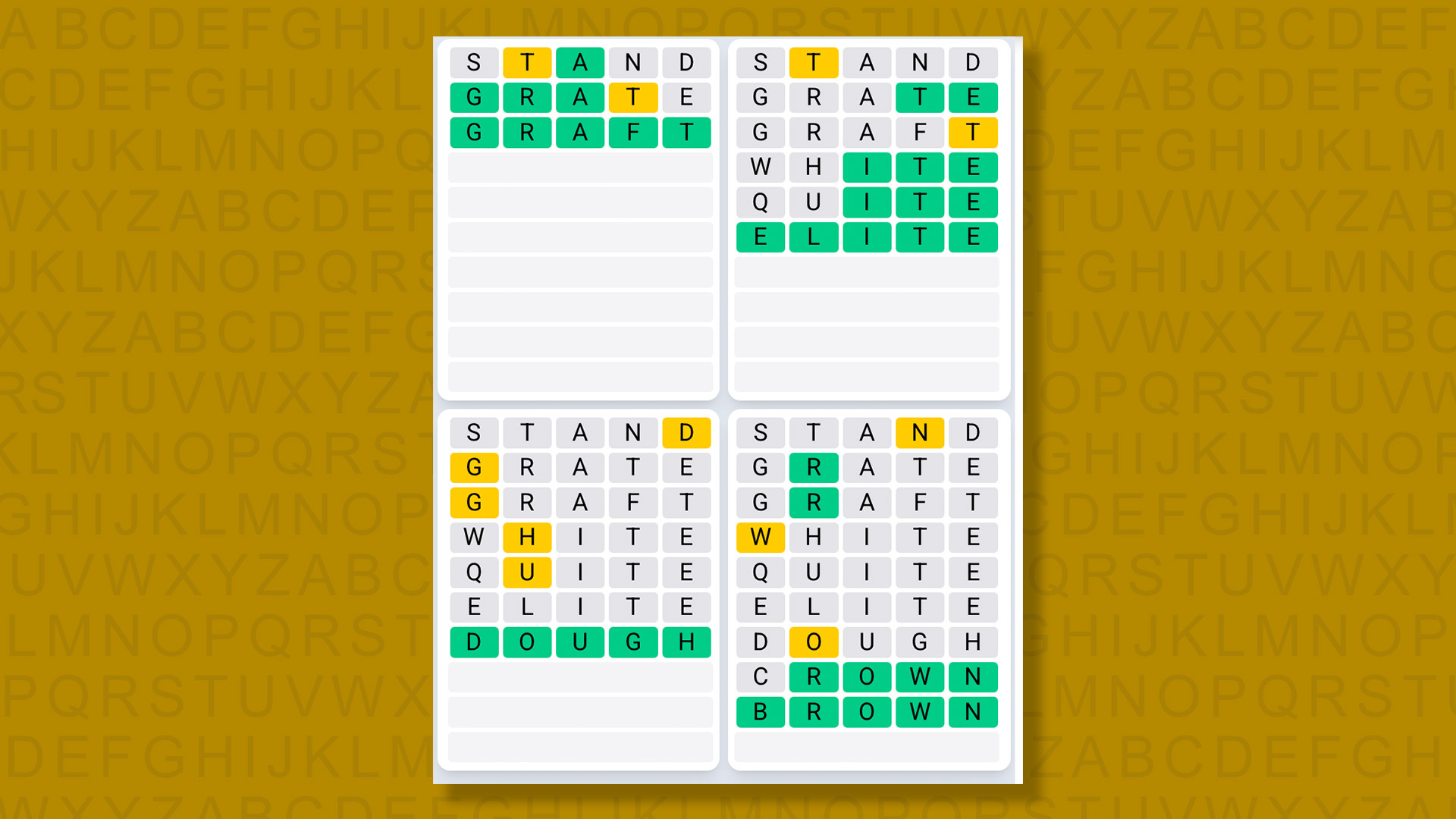 Quordle Daily Sequence answers for game 1369 on yellow background