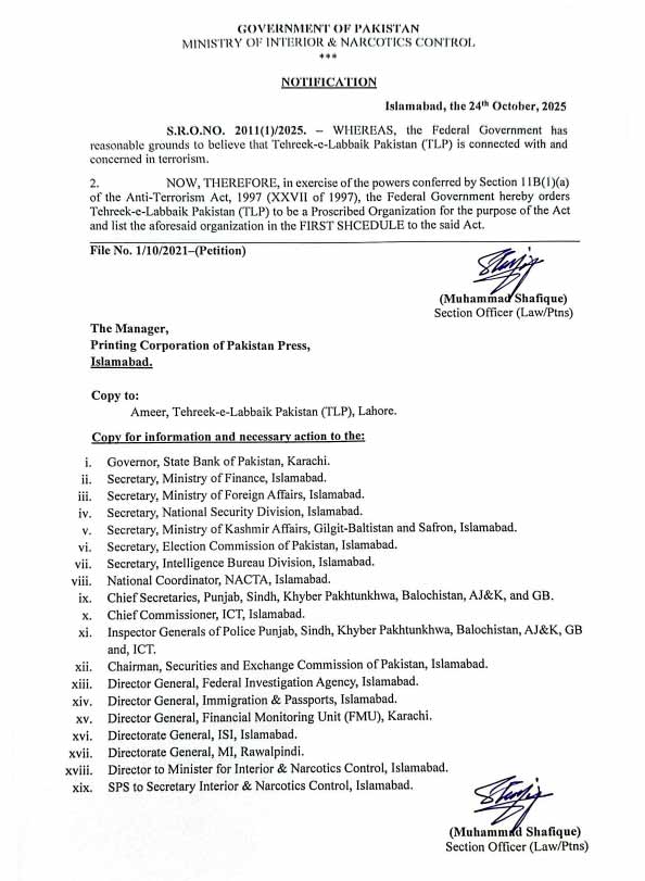 TLP declares group banned as Interior Ministry notifies ban under ATA