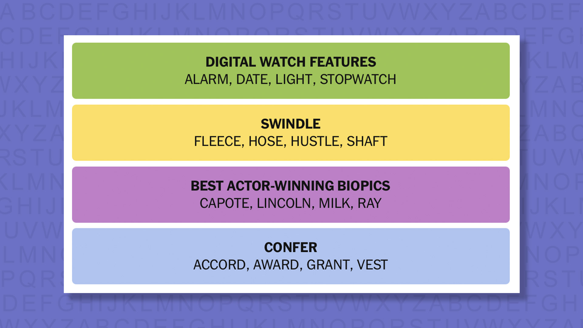 NYT Connections answers for game 867 on purple background