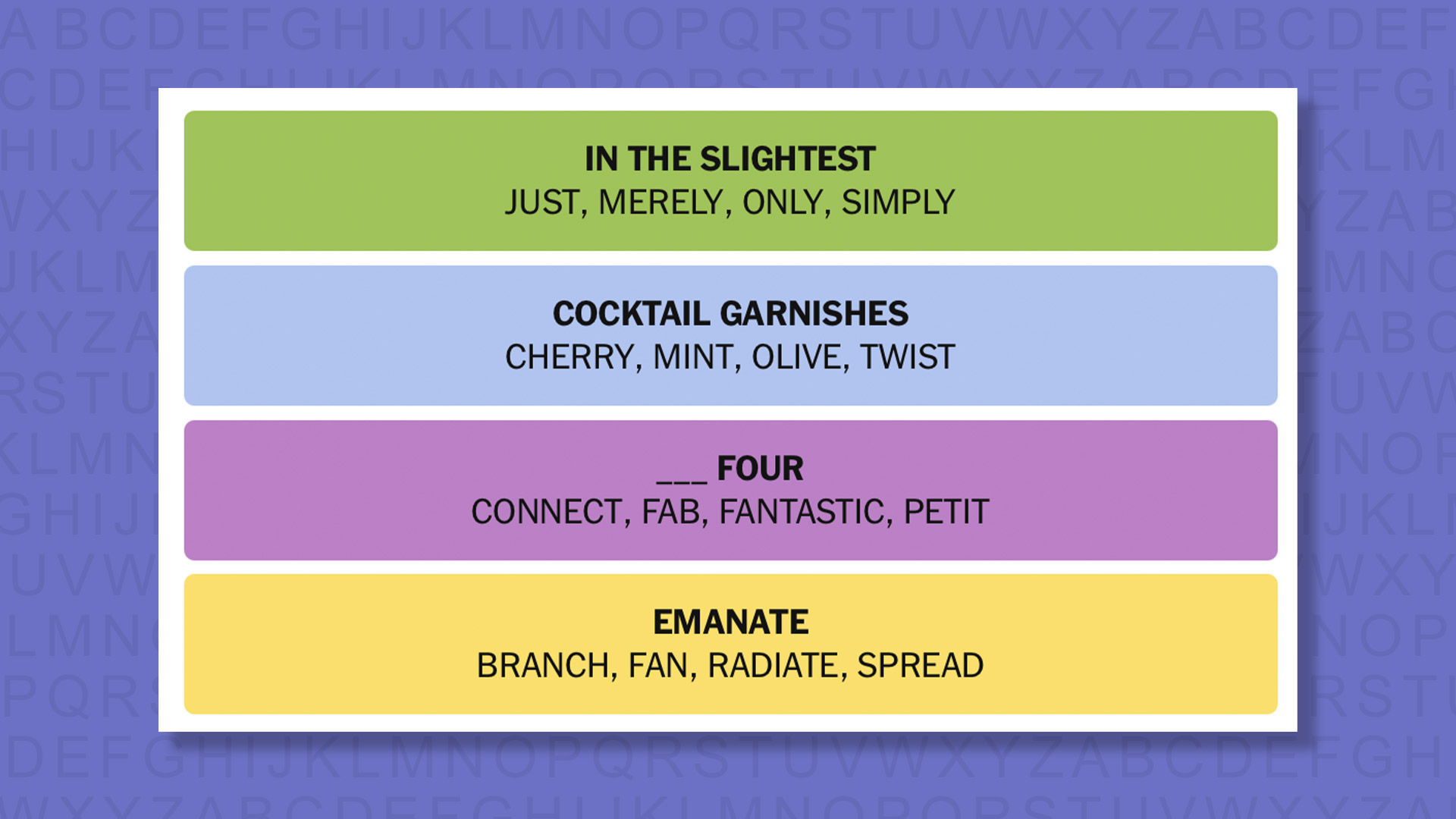 NYT Connections answers for game 869 on purple background