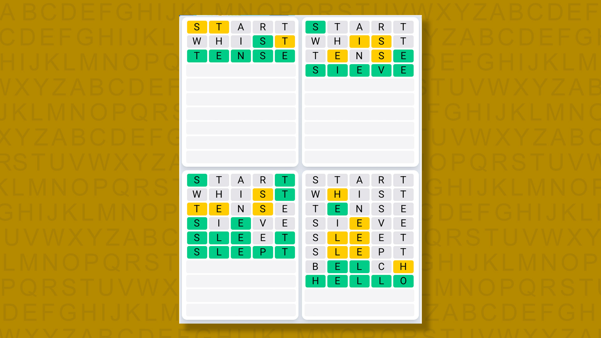 Quordle Daily Sequence answers for game 1374 on yellow background