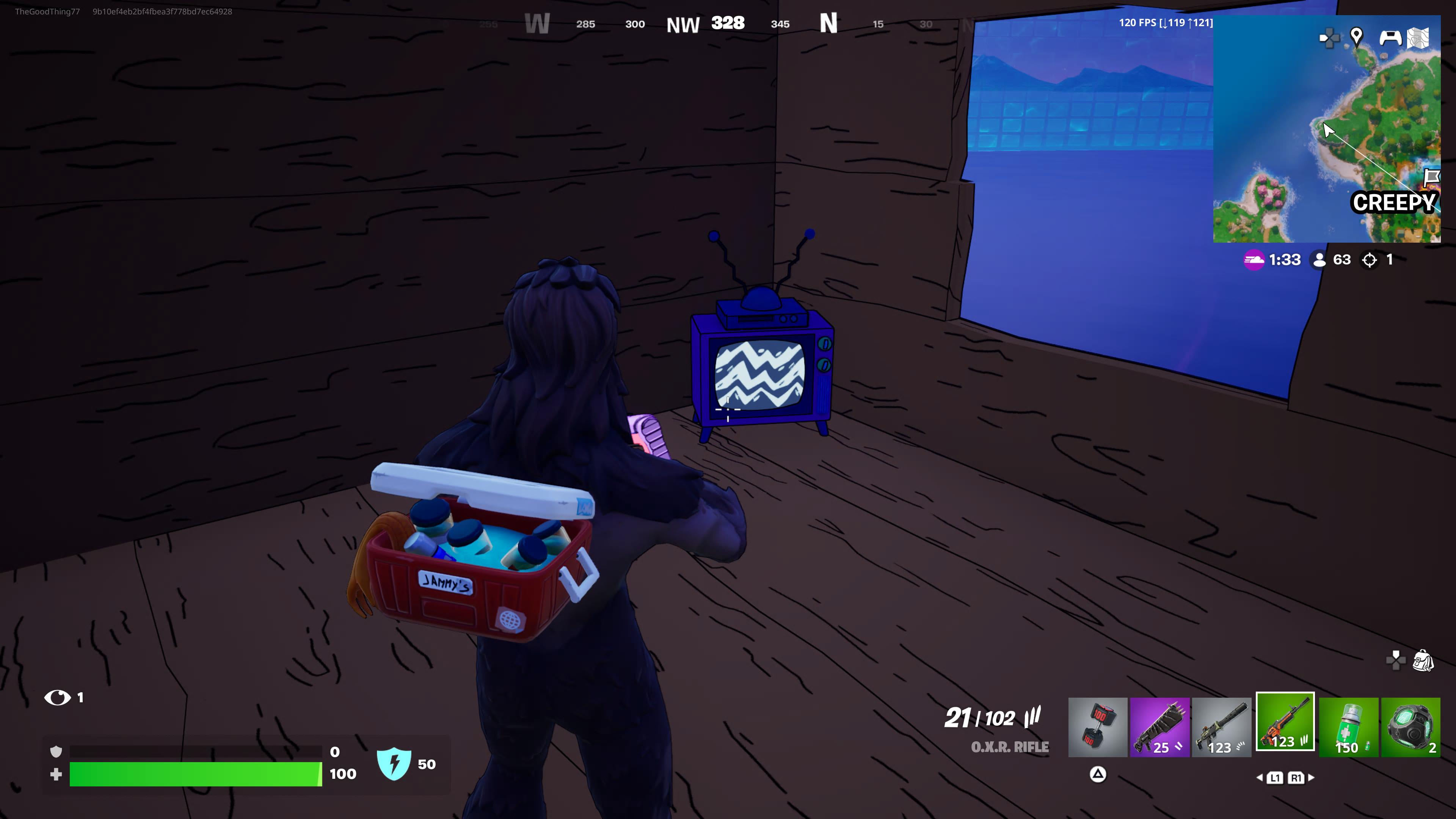 Standing in a treehouse, watching a scrambled TV in the far corner