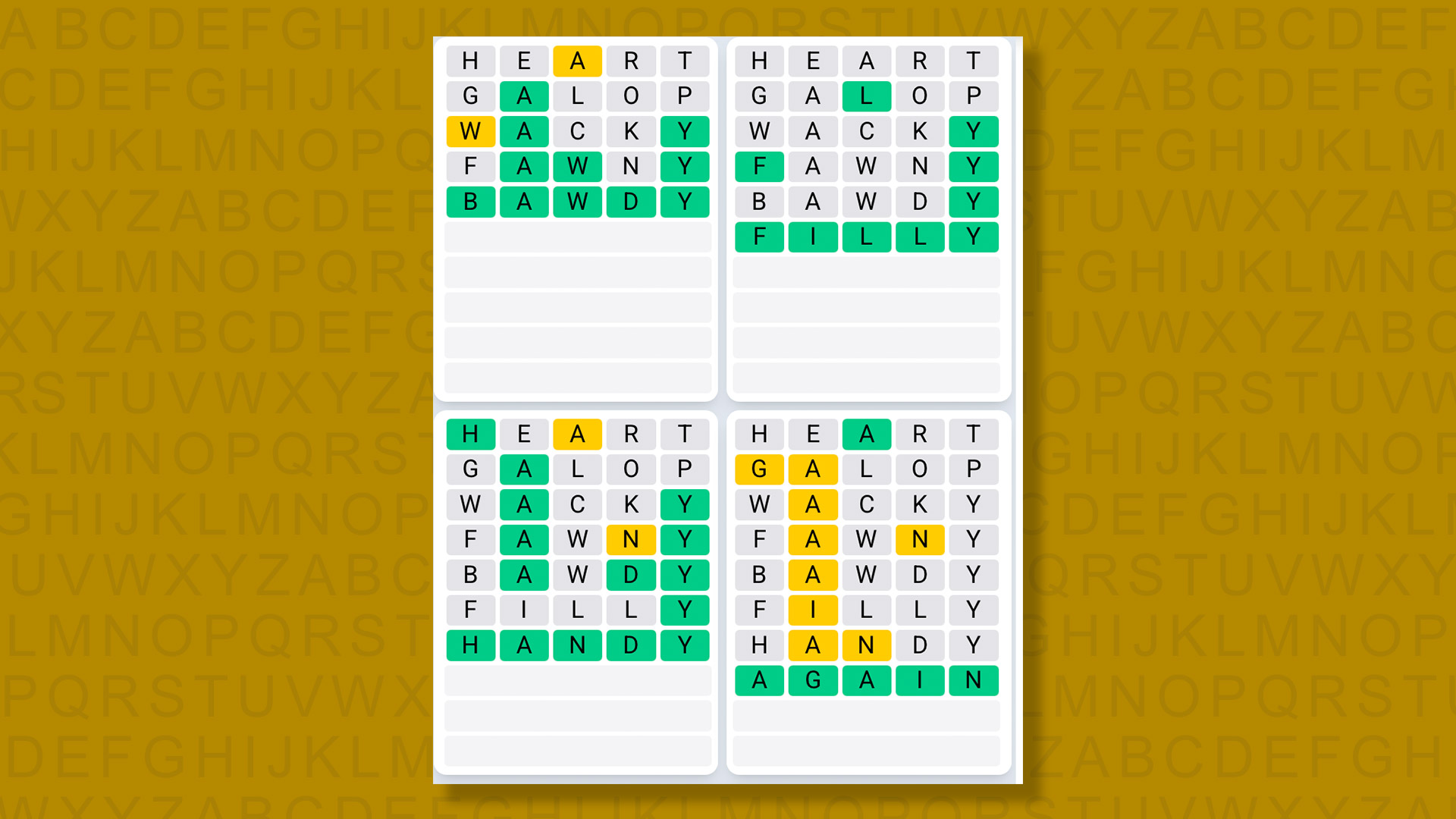 Quordle Daily Sequence answers for game 1375 on yellow background