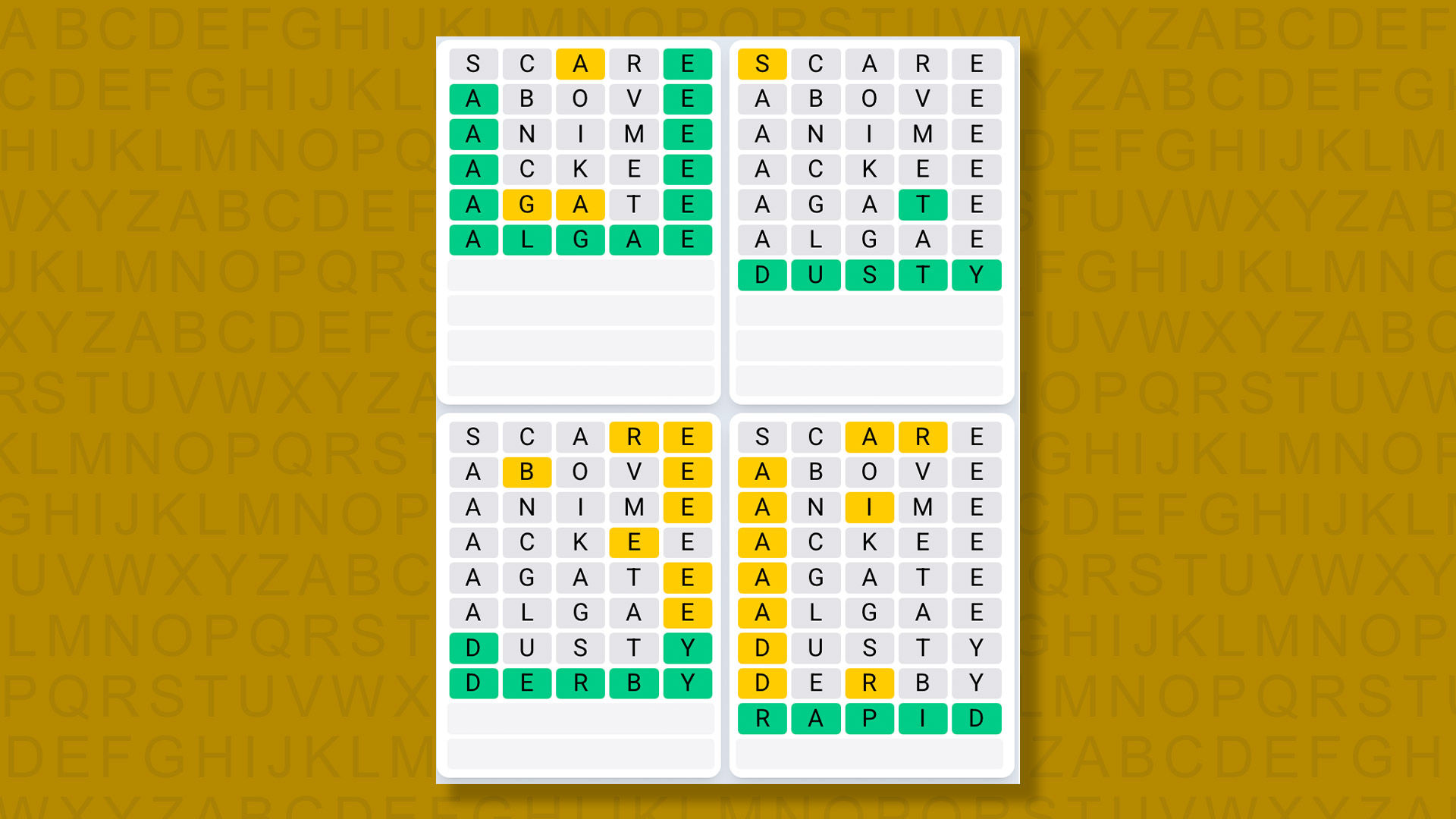 Quordle Daily Sequence answers for game 1376 on yellow background