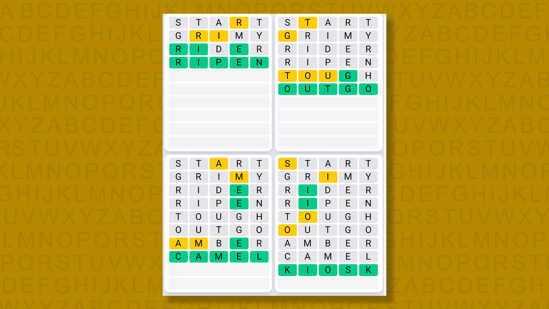 Quordle Daily Sequence answers for game 1377 on yellow background