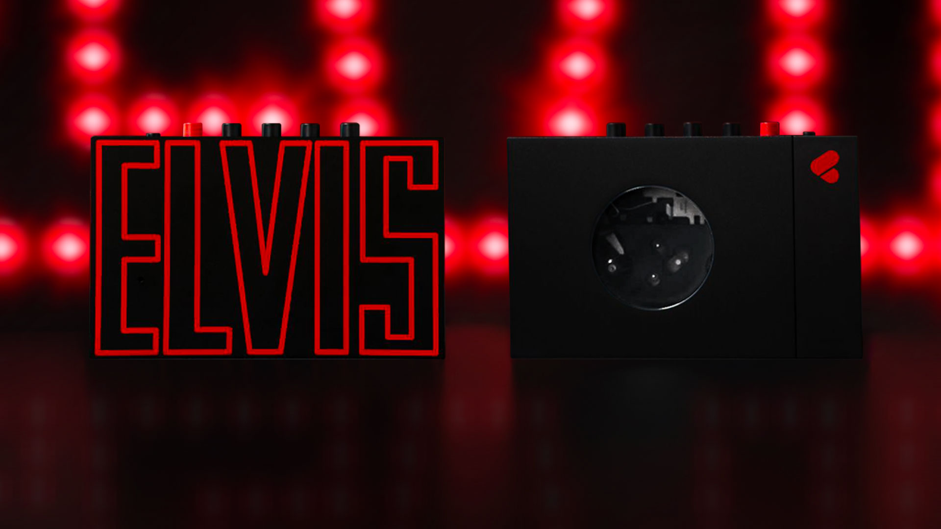 The Walkman We Are Rewind Elvis cassette player limited edition on both sides, on a red and black background
