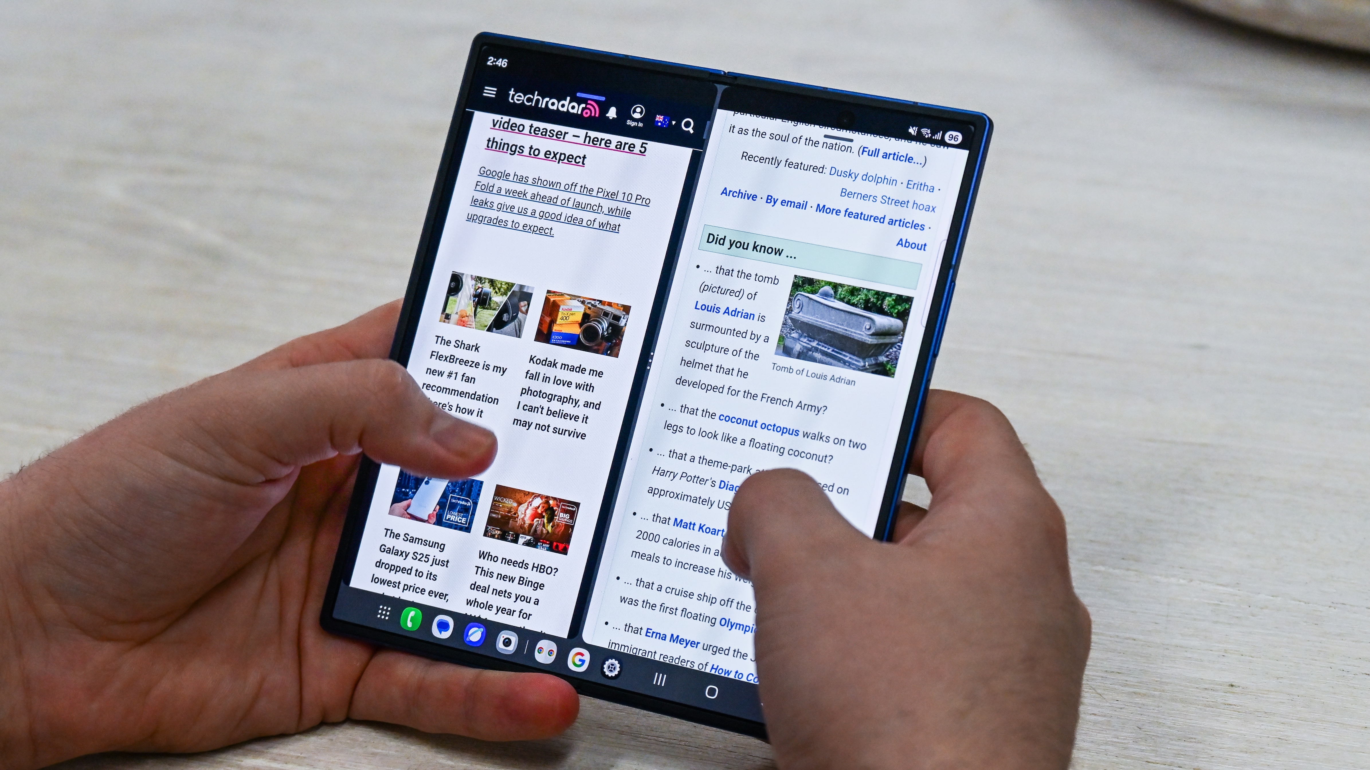 Someone who uses the Samsung Galaxy Z Fold 7 when unfolded, with two web browsers open at the same time.