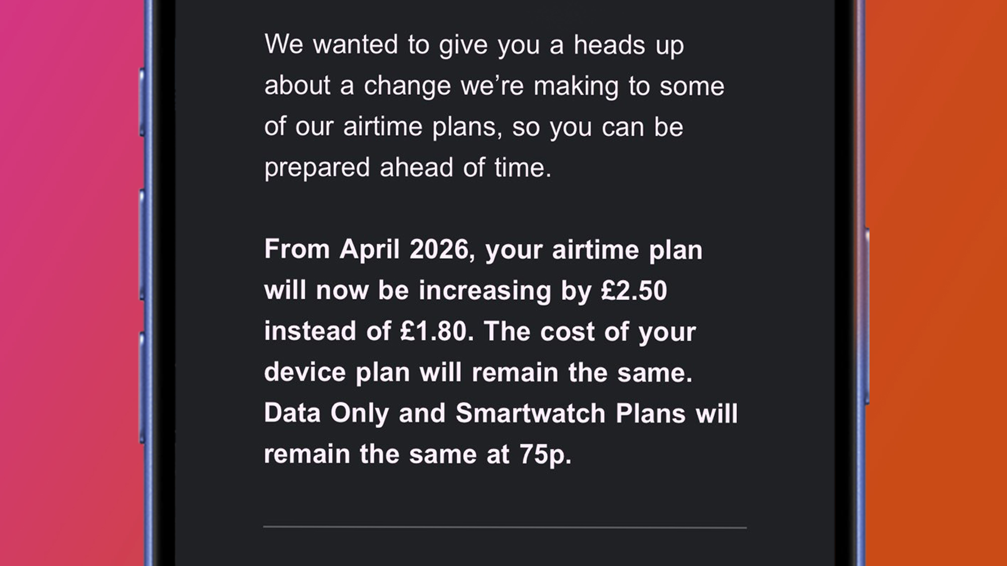 A phone with a red and orange background displaying an email from O2 regarding a price increase.