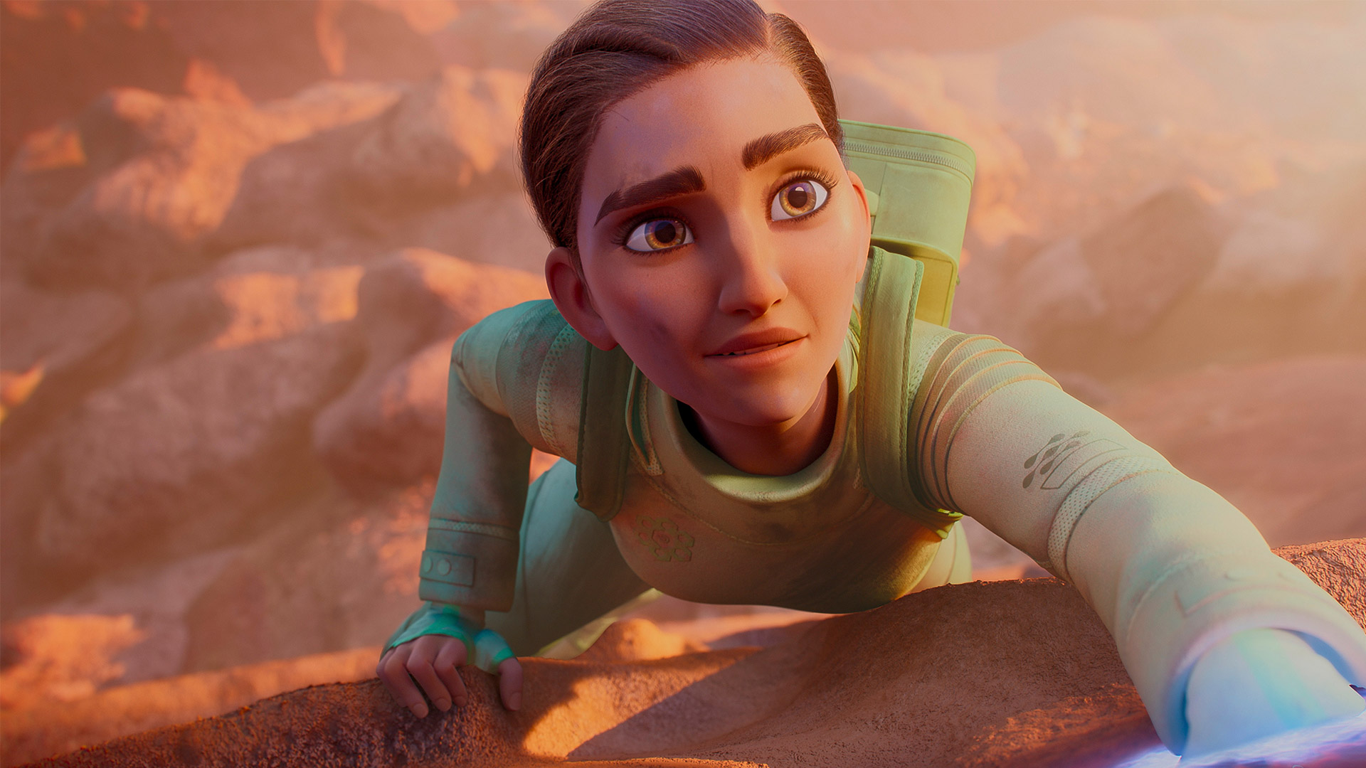 An animated character climbs a rock in the WondLa series