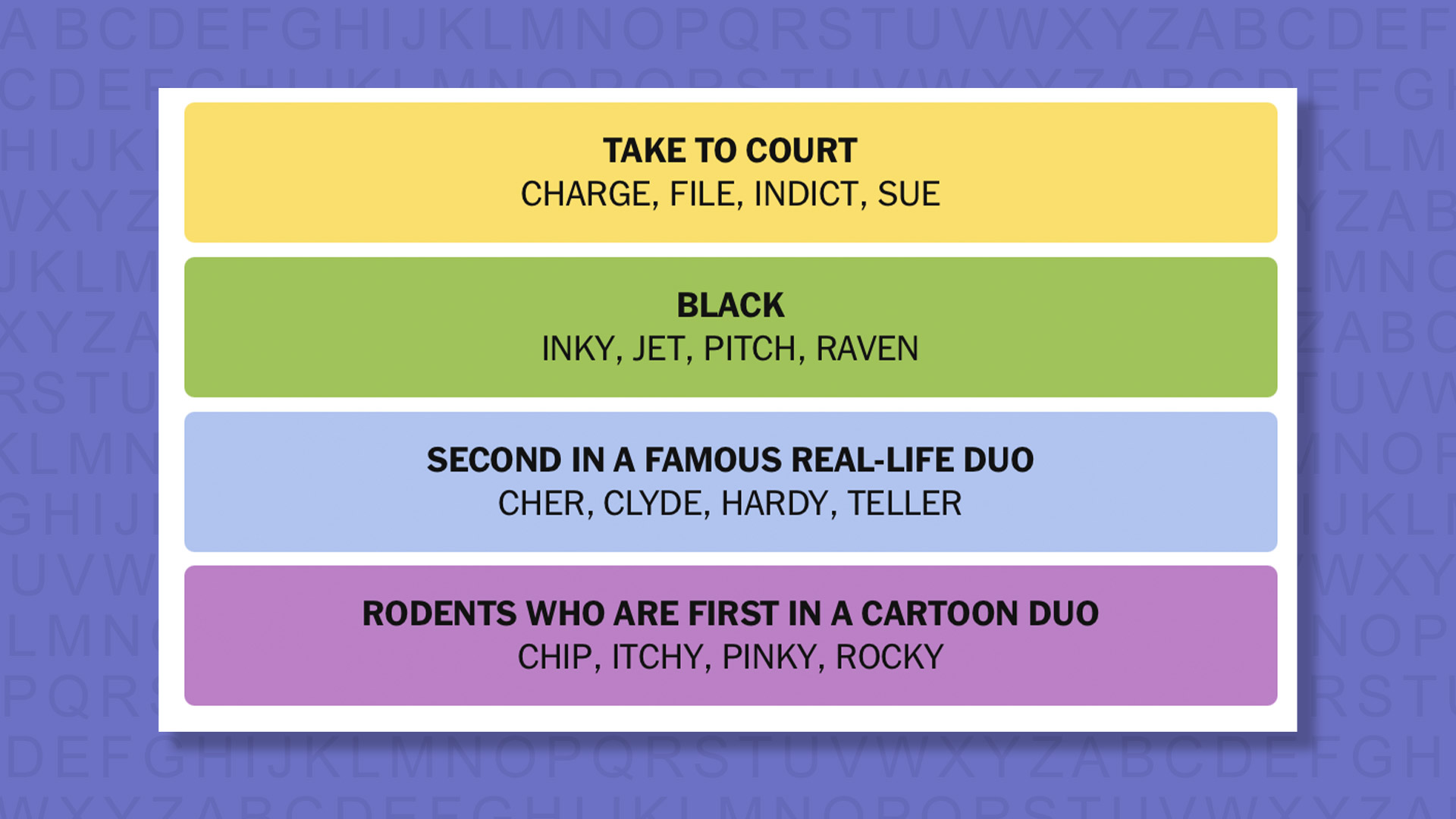 NYT Connections answers for game 874 on purple background