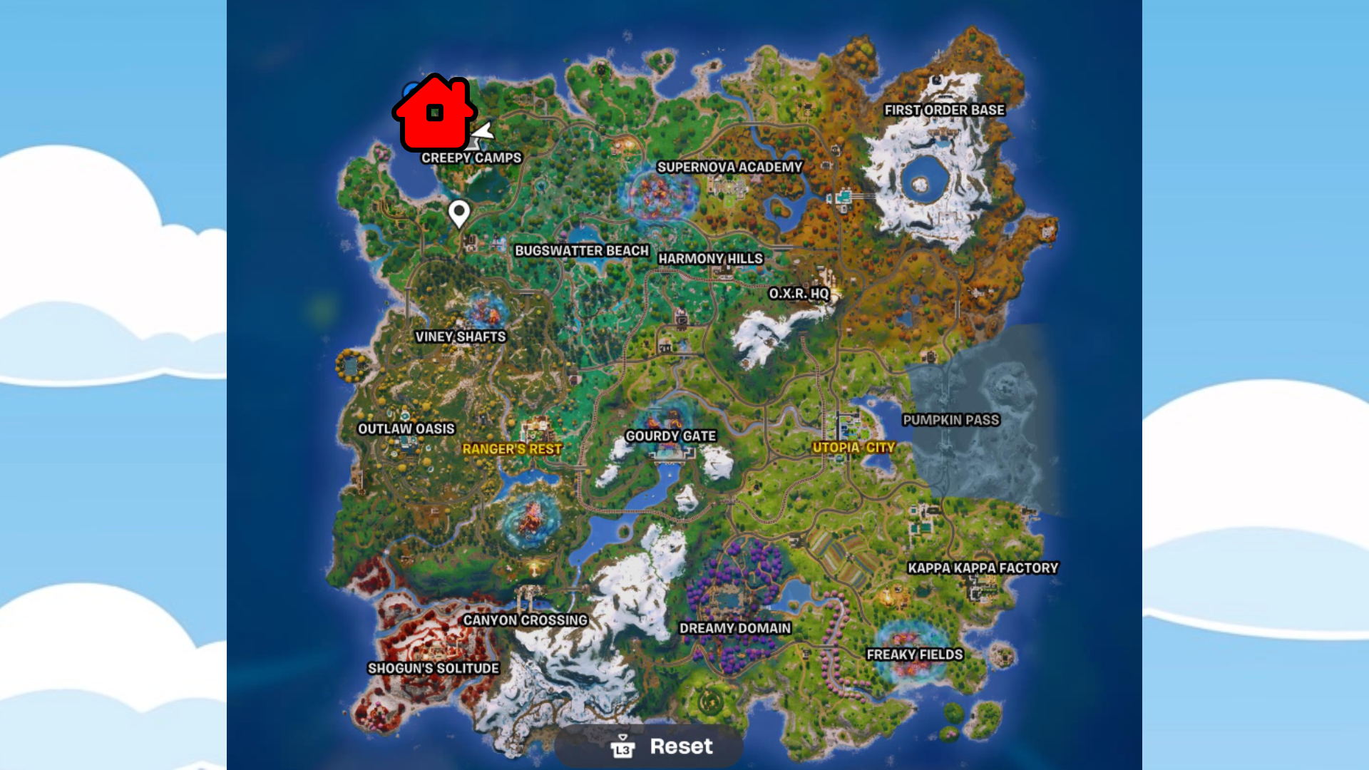 The Fortnite map, featuring Bart's treehouse marked with a red house icon