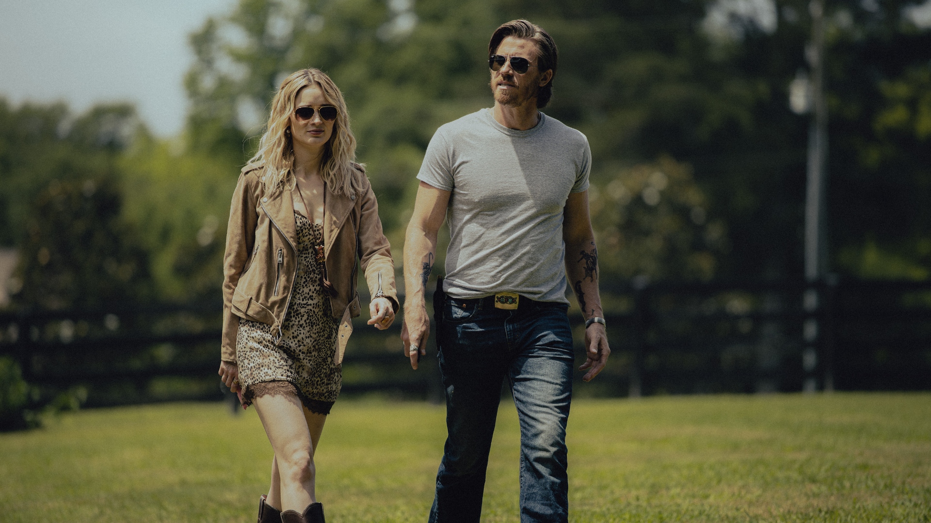 Cleo and Mitch walk together in season 3 of Tulsa King