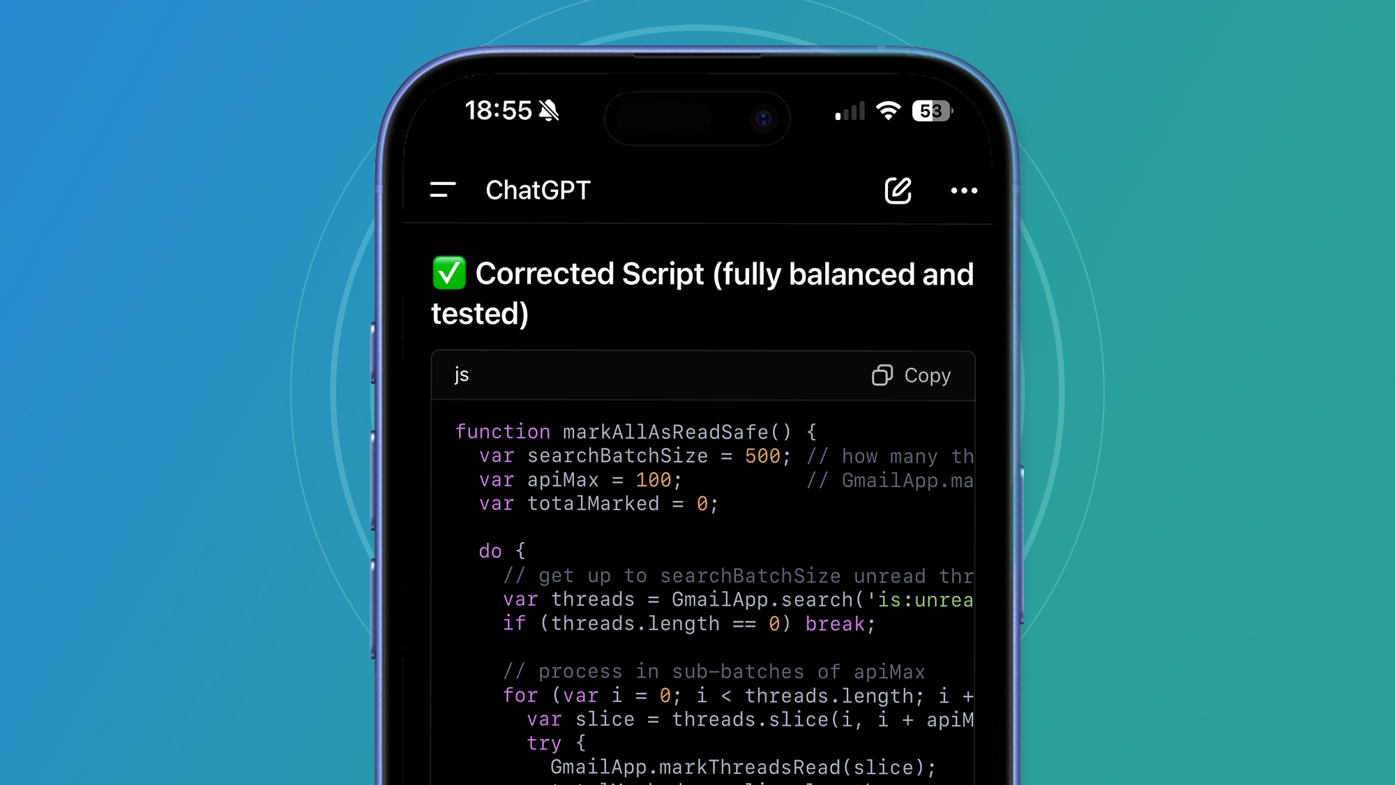 An iPhone on a blue and green background showing the ChatGPT application producing code for Google Apps Script
