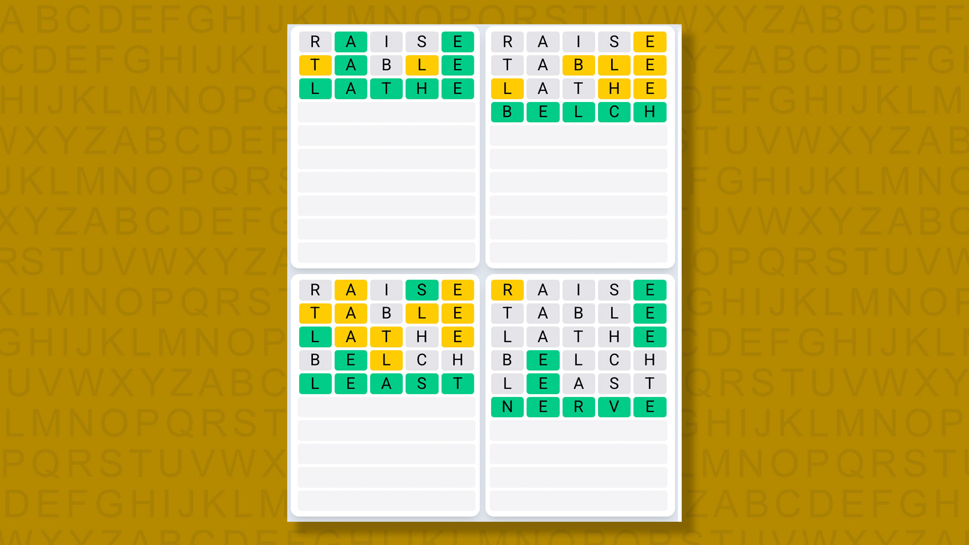 Quordle Daily Sequence answers for game 1380 on yellow background