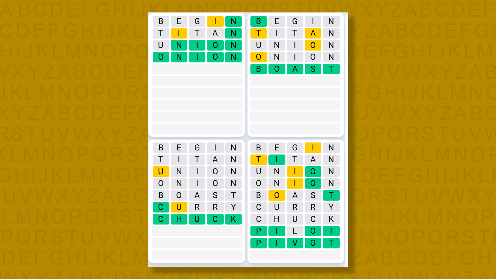Quordle Daily Sequence answers for game 1381 on yellow background