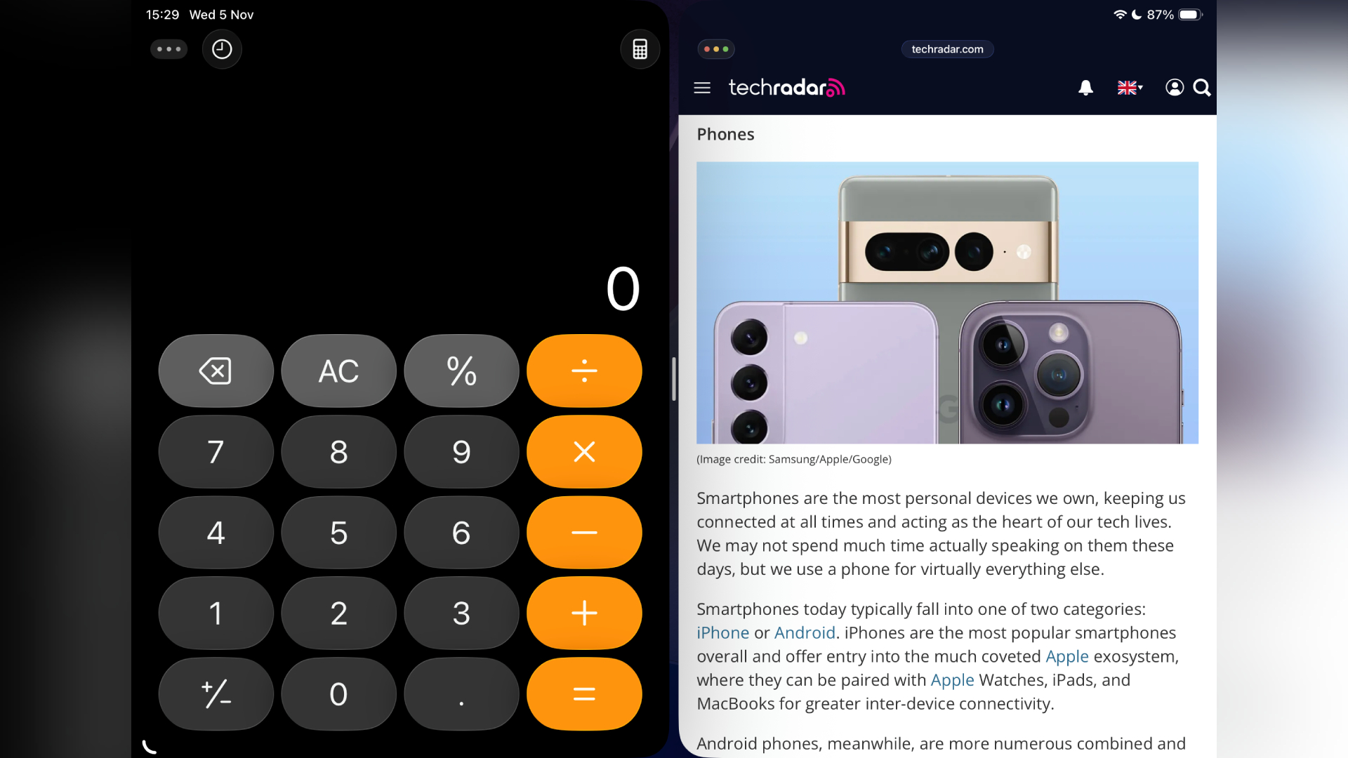 Calculator app and Safari open side by side in iPadOS 26.1