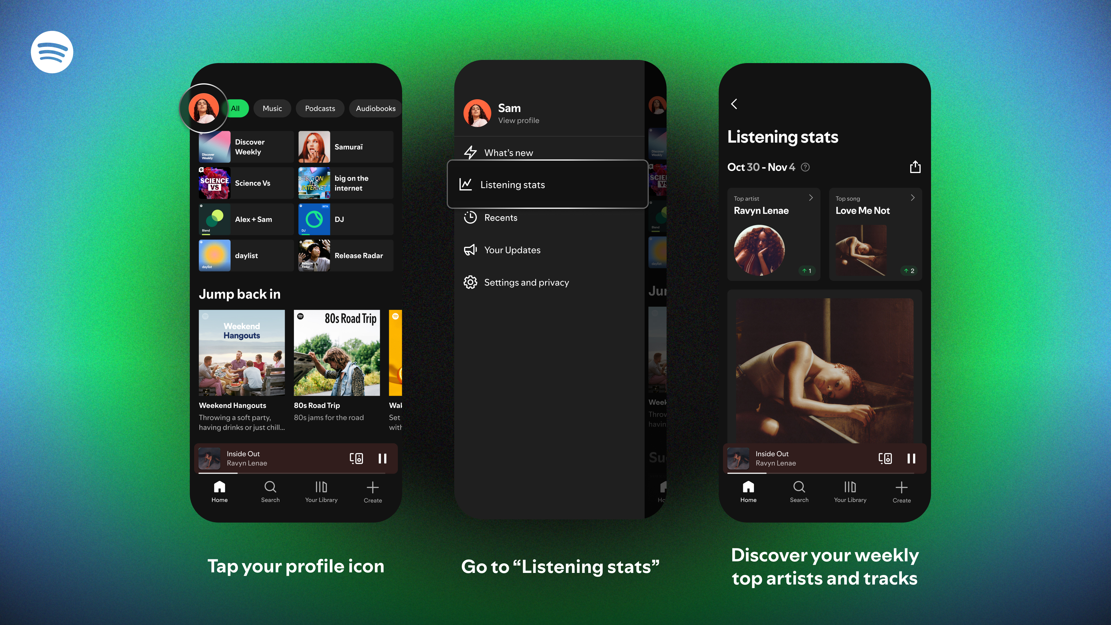 Three phone screens showing how to access the new Spotify listening stats tab in the mobile app