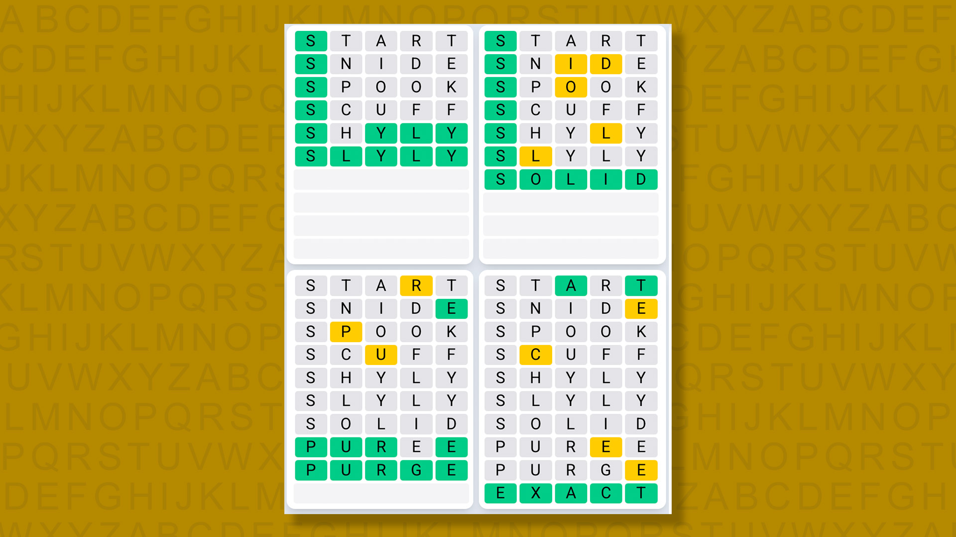 Quordle Daily Sequence answers for game 1384 on yellow background