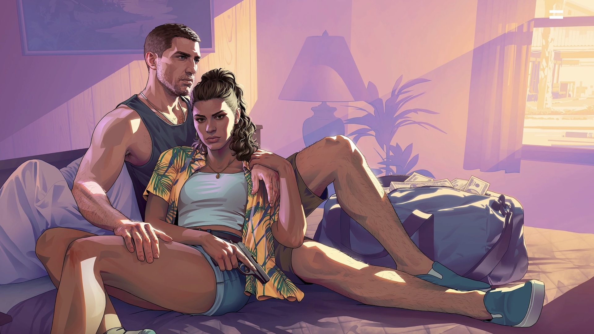Jason and Lucia lie on the bed as sunlight streams in through the window. Stylized in classic GTA cartoon style.