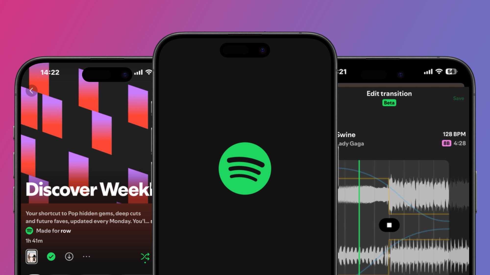 Three iPhones displaying the Spotify logo, Discover Weekly playlist, and audio mixing in the Spotify app
