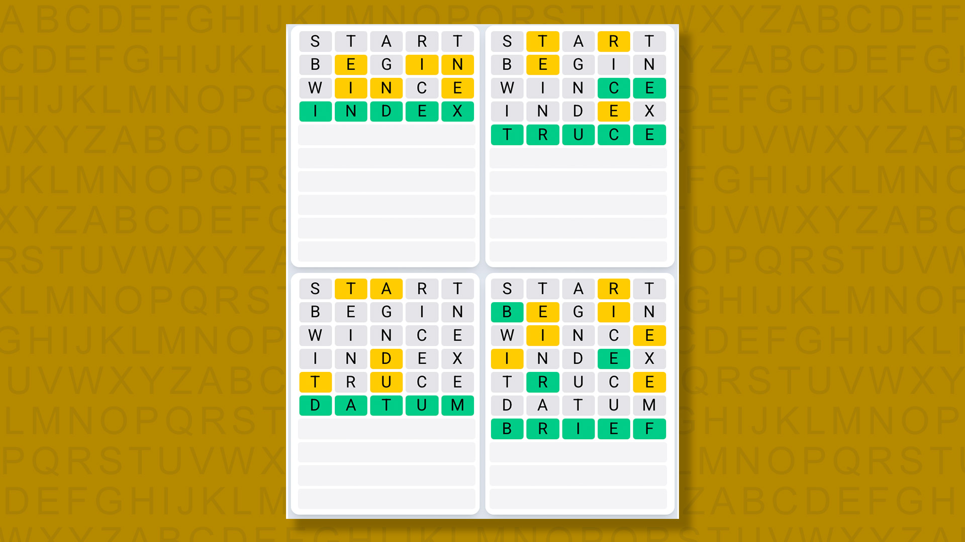 Quordle Daily Sequence answers for game 1385 on yellow background