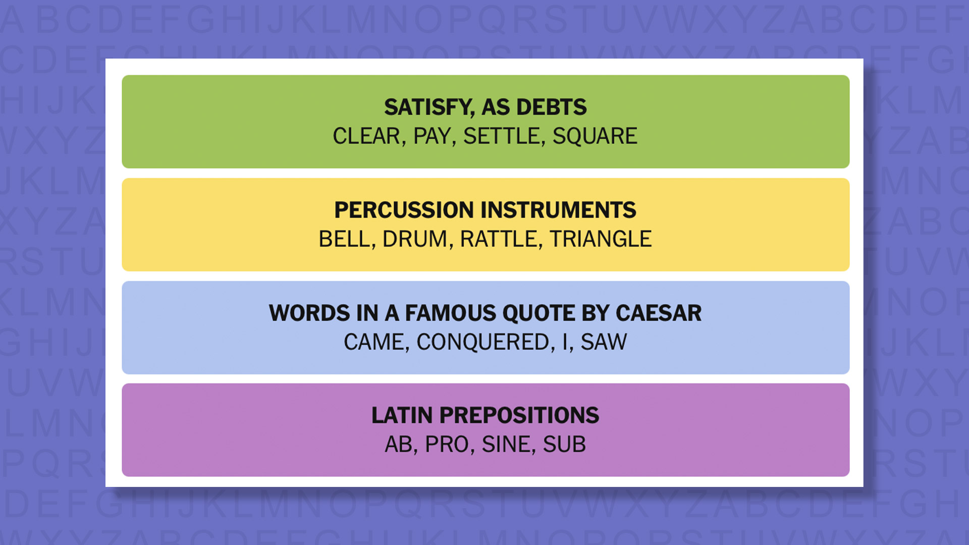 NYT Connections answers for game 883 on purple background