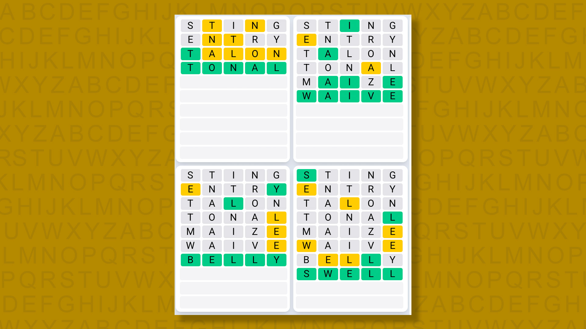 Quordle Daily Sequence answers for game 1386 on yellow background