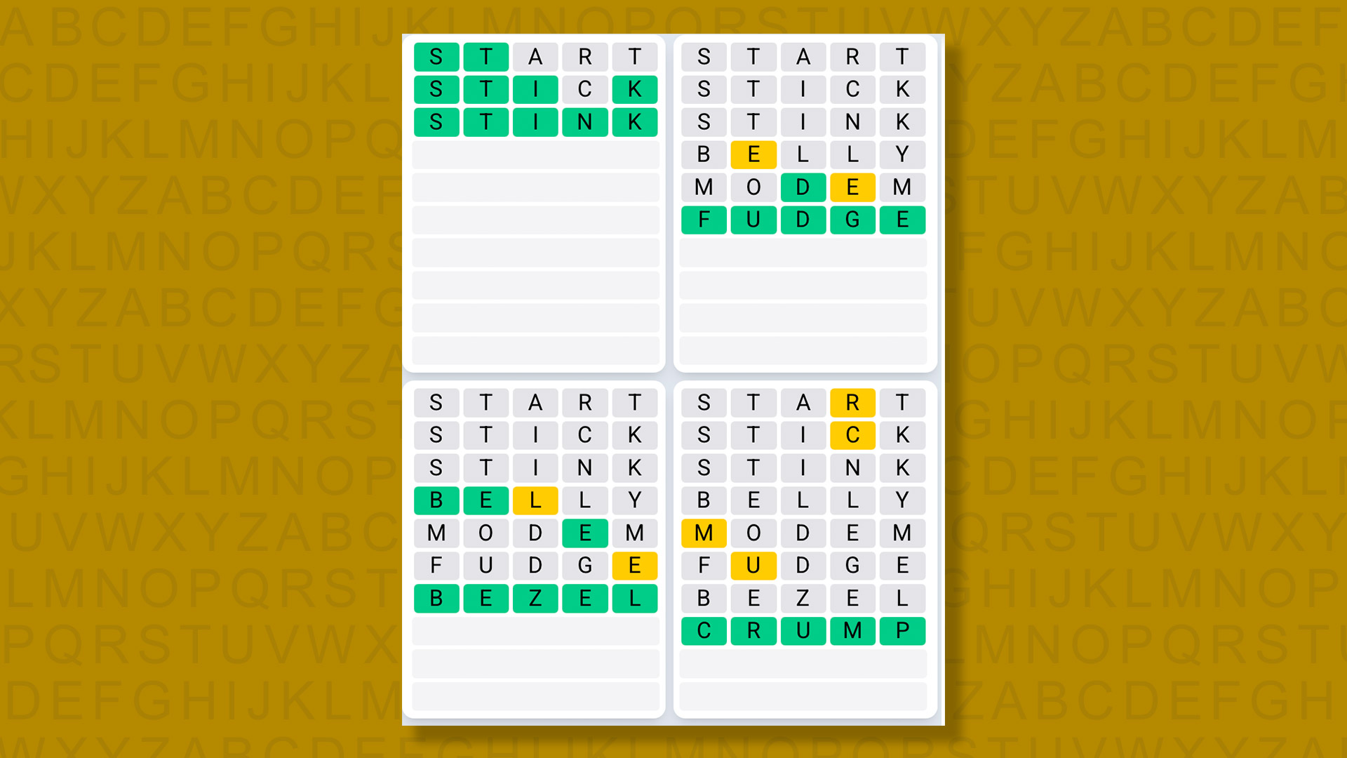 Quordle Daily Sequence answers for game 1387 on yellow background