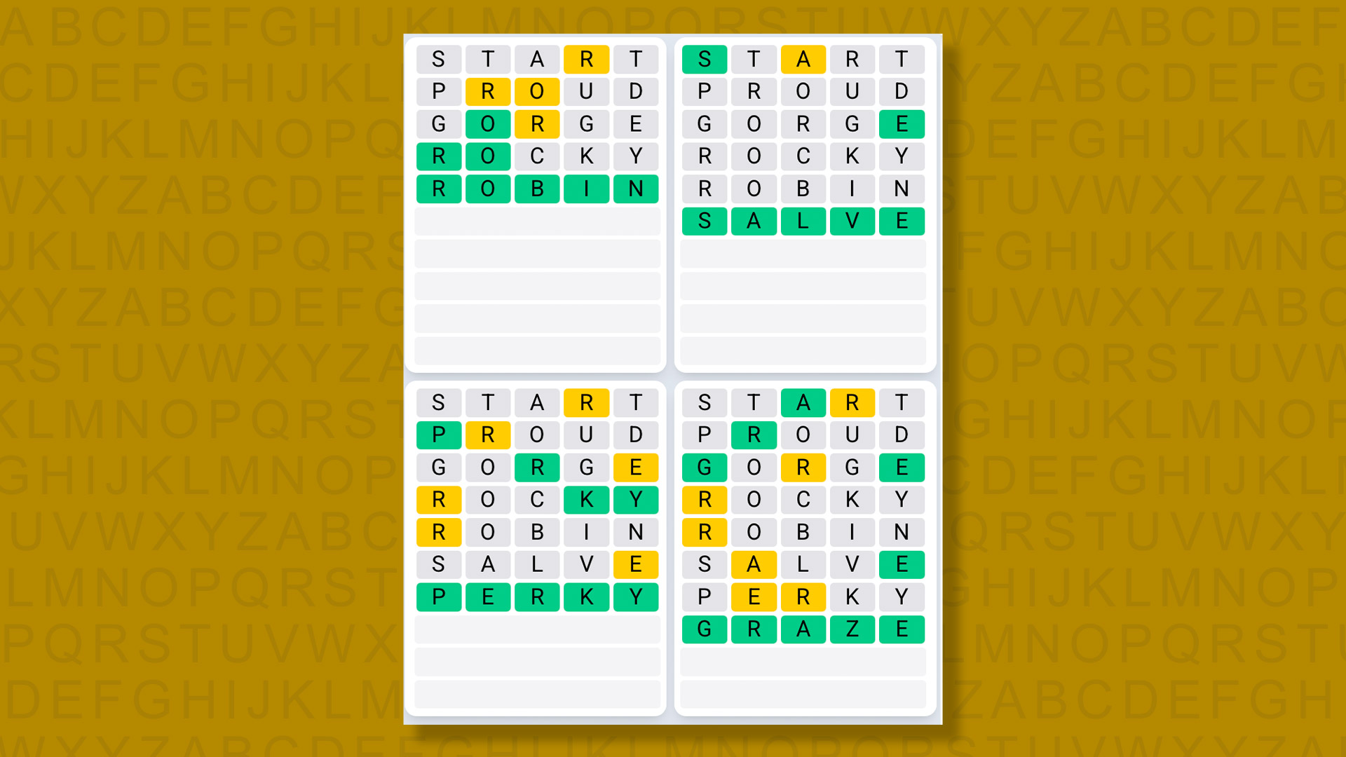Quordle Daily Sequence answers for game 1388 on yellow background