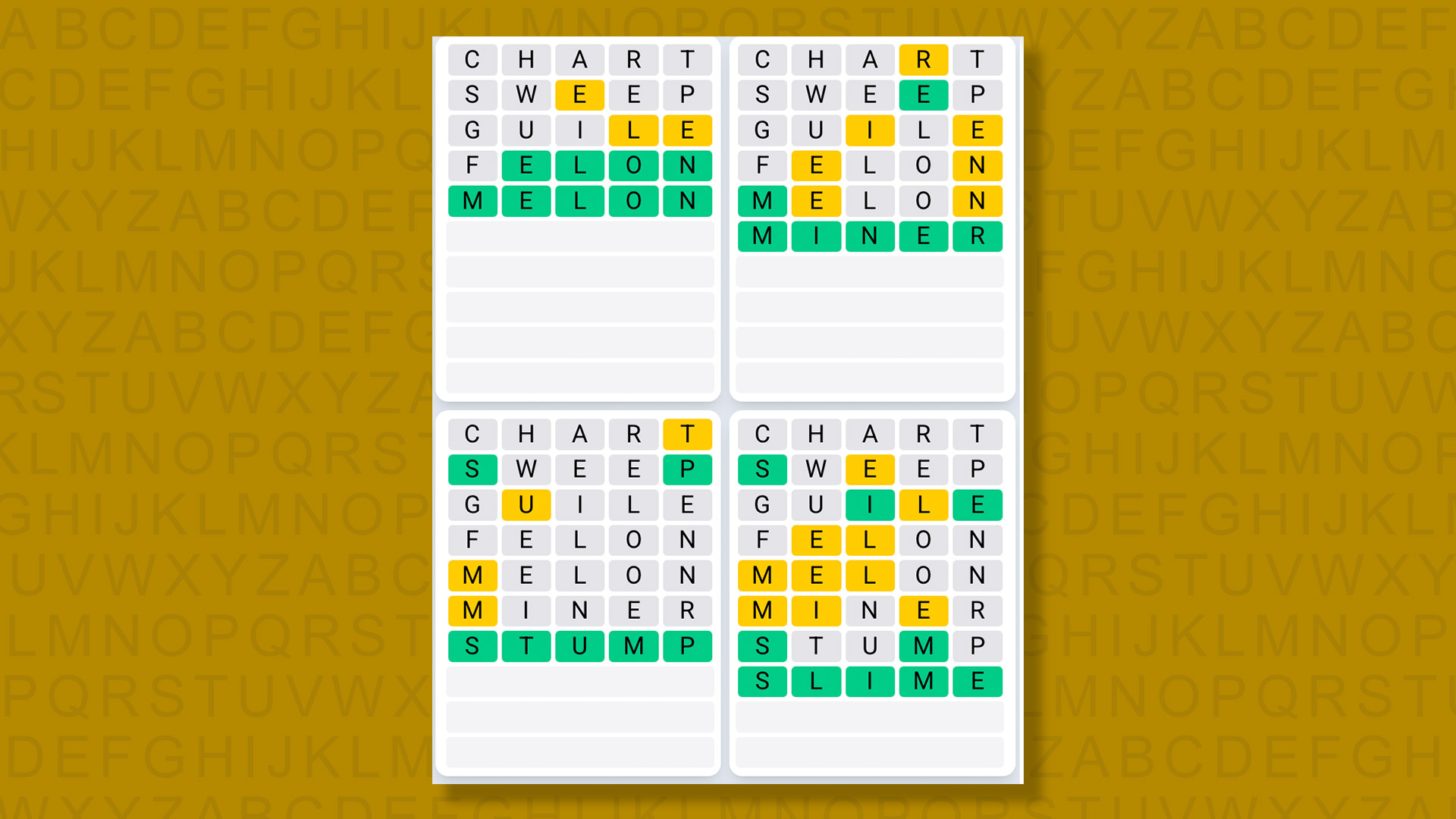 Quordle Daily Sequence answers for game 1390 on yellow background