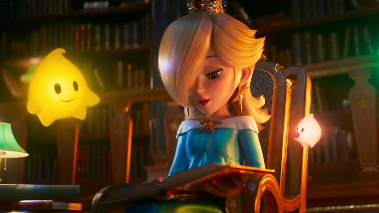 Rosalina reading a book under the gaze of a yellow Luma in The Super Mario Galaxy Movie