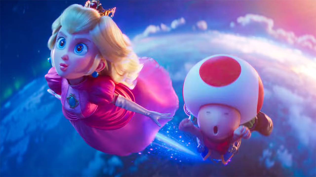 A close-up of Princess Peach and Toad flying through space in the Super Mario Galaxy movie.