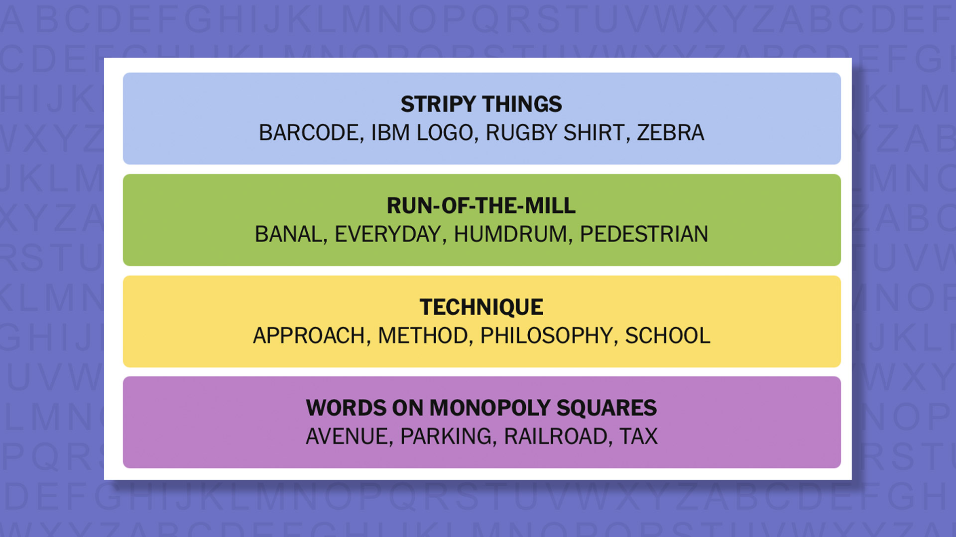 NYT Connections answers for game 889 on purple background