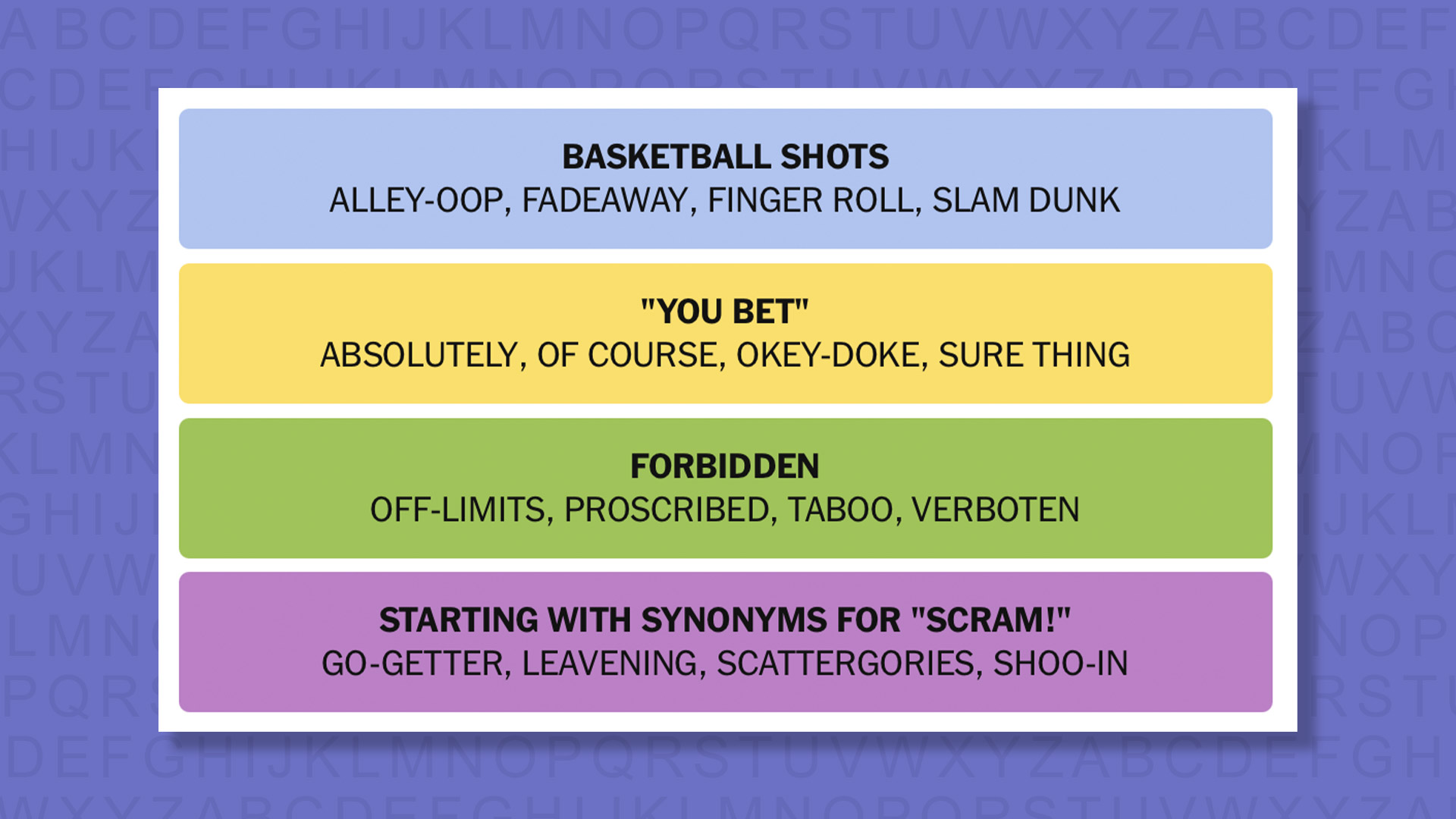 NYT Connections answers for game 890 on purple background